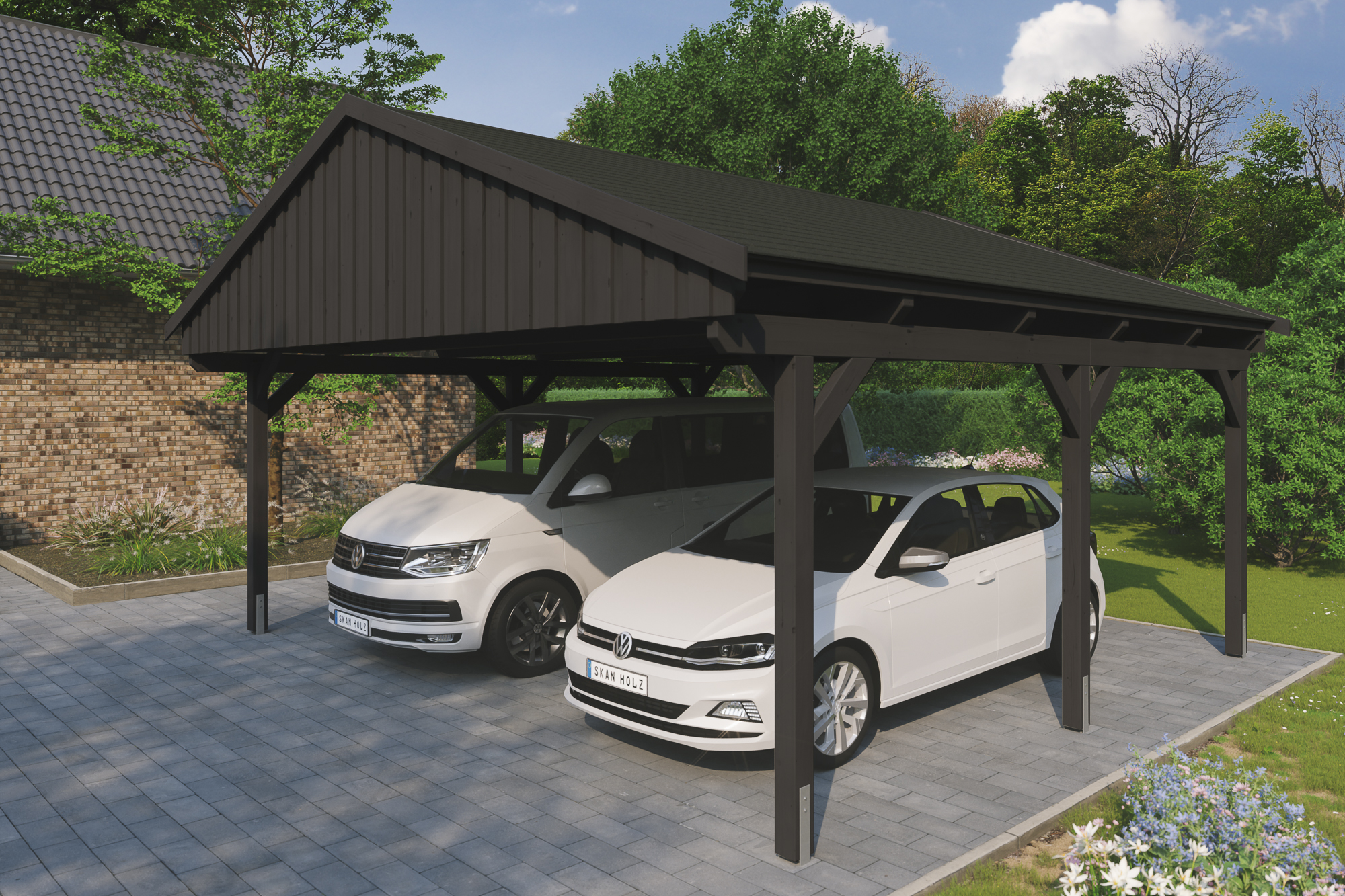Ambientebild: Carport Fichtelberg 618 x 566 cm, farblich behandelt in anthrazit, mit schwarzen Dachschindeln
