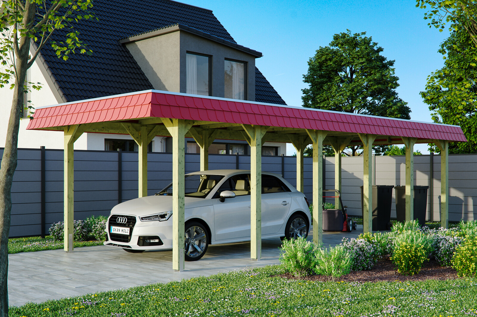 Carport SPREEWALD 345x893cm, toit en aluminium, bandeau rouge, bois résineux imprégné vert