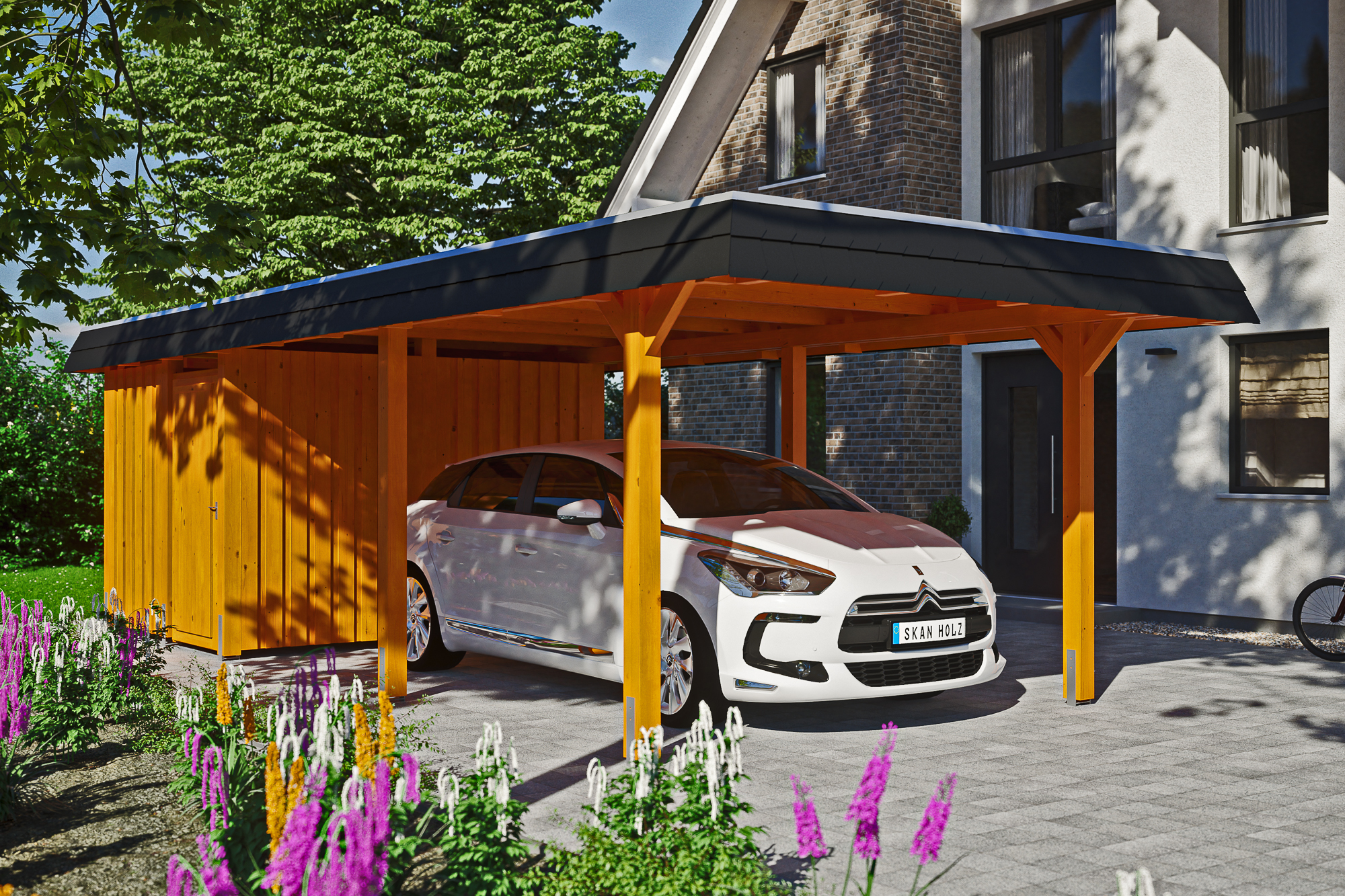 Ambientebild: Carport Wendland 362 x 870 cm, mit Abstellraum, mit schwarzer Blende, farblich behandelt in eiche hell
