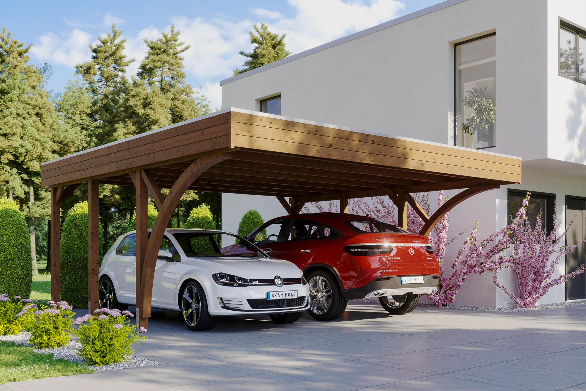 Ambientebild: Carport Friesland mit 2 Einfahrtsbögen, farblich behandelt in nussbaum