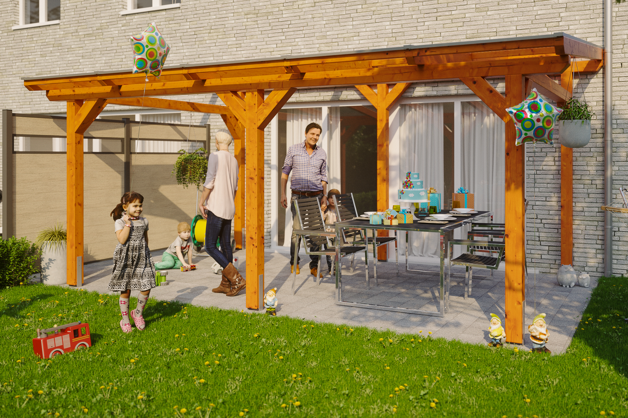 Terrace roof Siena 541 x 350 cm, glulam, colour pre-treated light oak