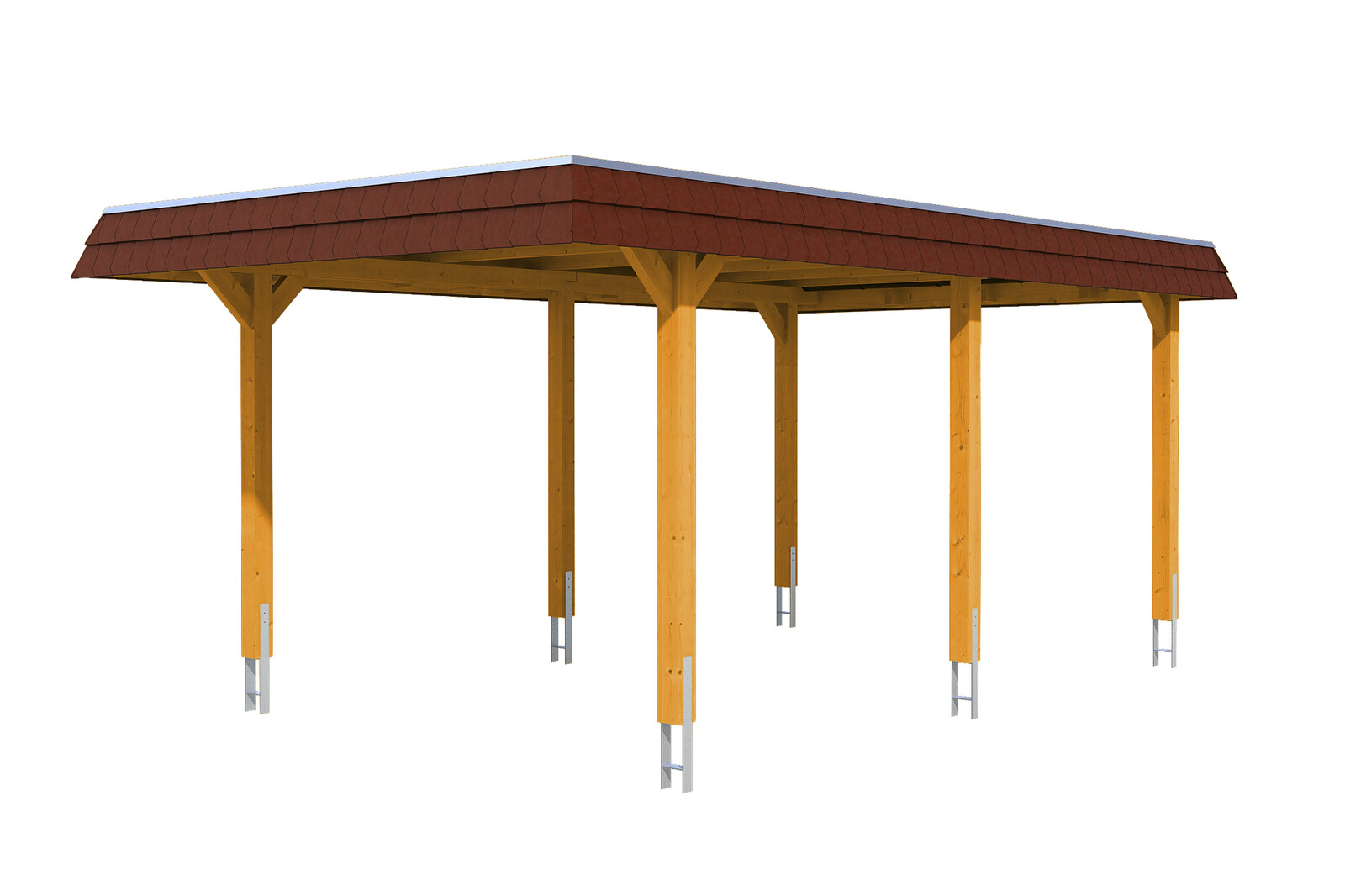 Carport Wendland 362 x 628 cm mit Aluminiumdach, rote Blende, eiche hell