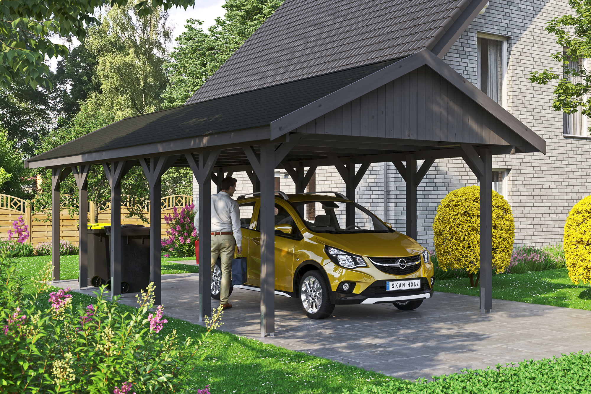 Ambientebild: Carport Wallgau 430 x 900 cm, mit schwarzen Dachschindeln, farblich behandelt in schiefergrau