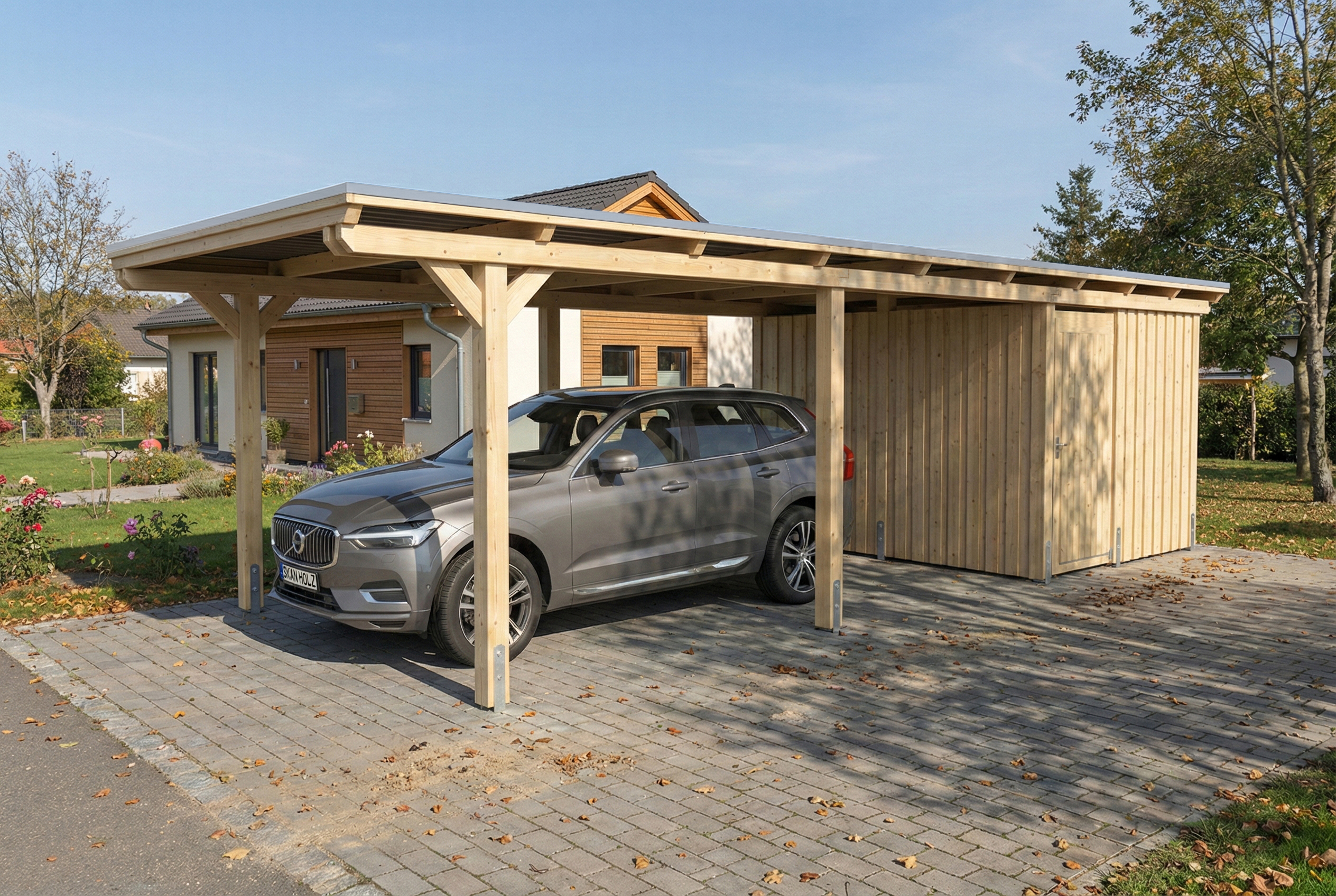 Carport Emsland 340 x 846 cm, panneaux de toit en acier avec non-tissé anti-condensation, avec remise, naturel