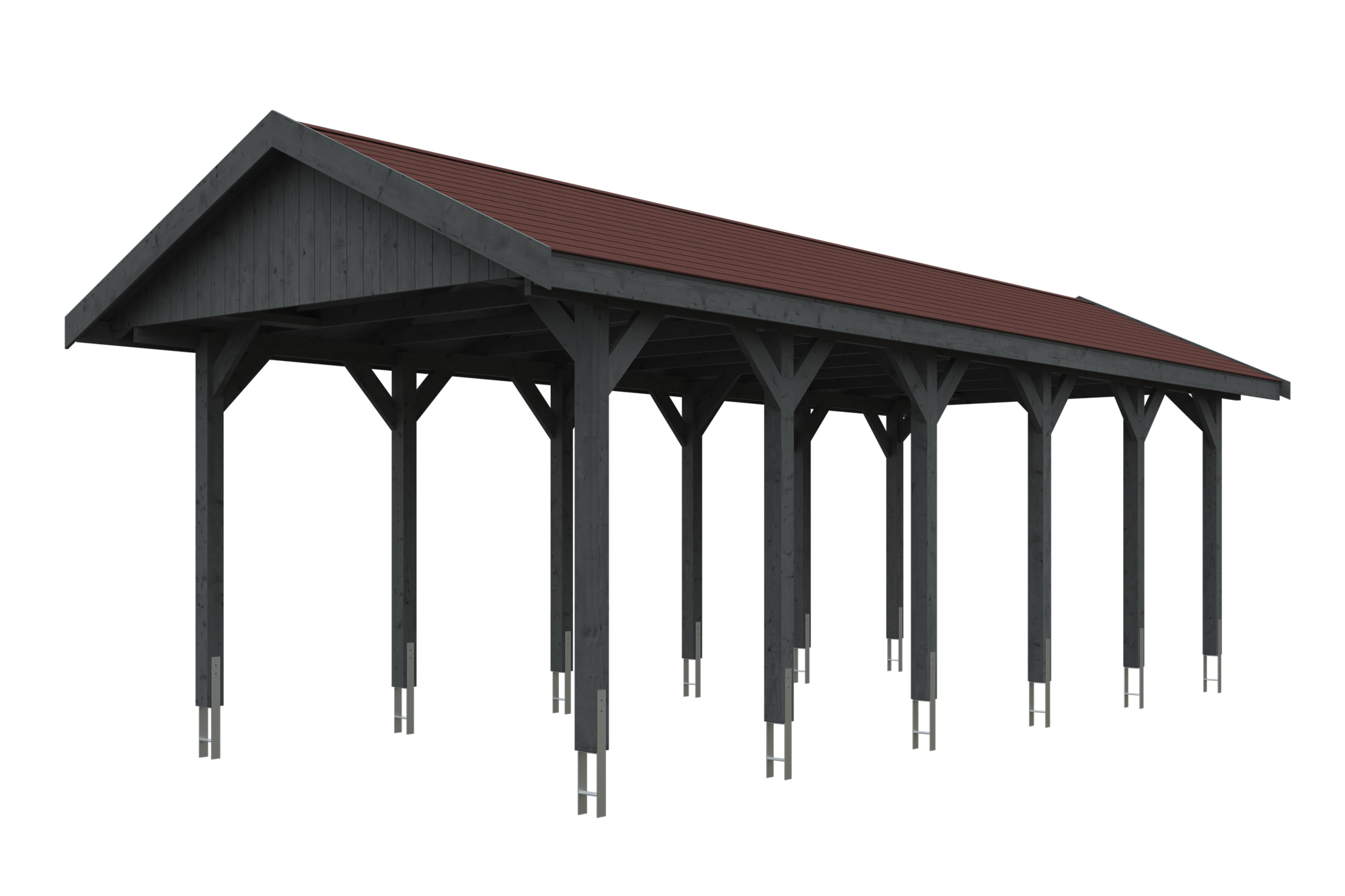 Produktbild: Carport Wallgau 380 x 900 cm, mit roten Dachschindeln, farblich behandelt in schiefergrau