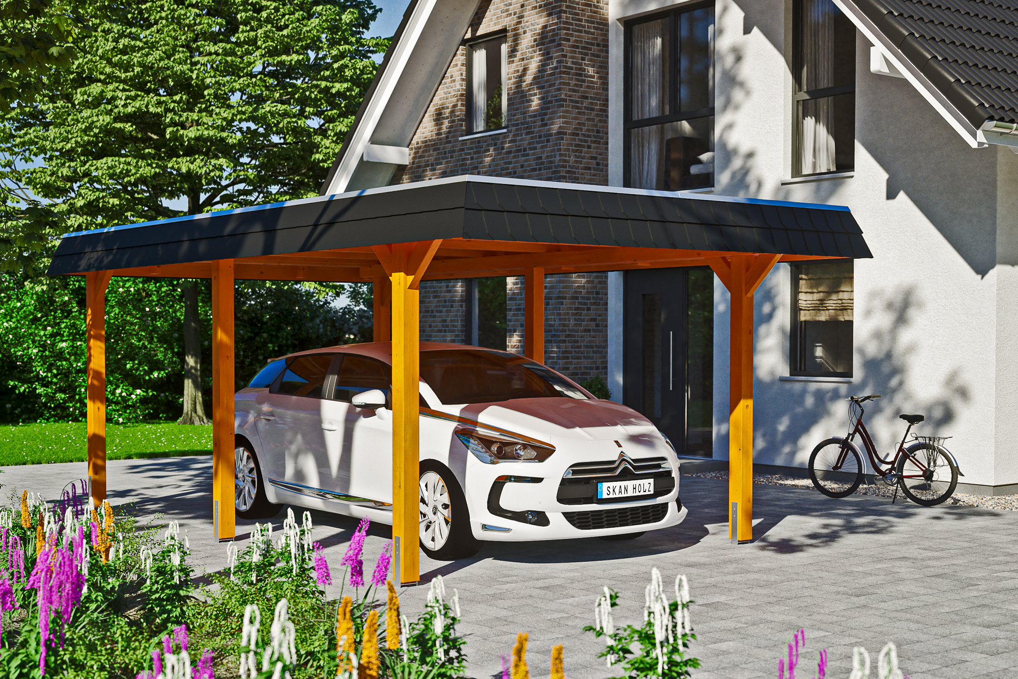 Ambientebild: Carport Wendland 362 x 628 cm, mit schwarzer Blende, farblich behandelt in eiche hell