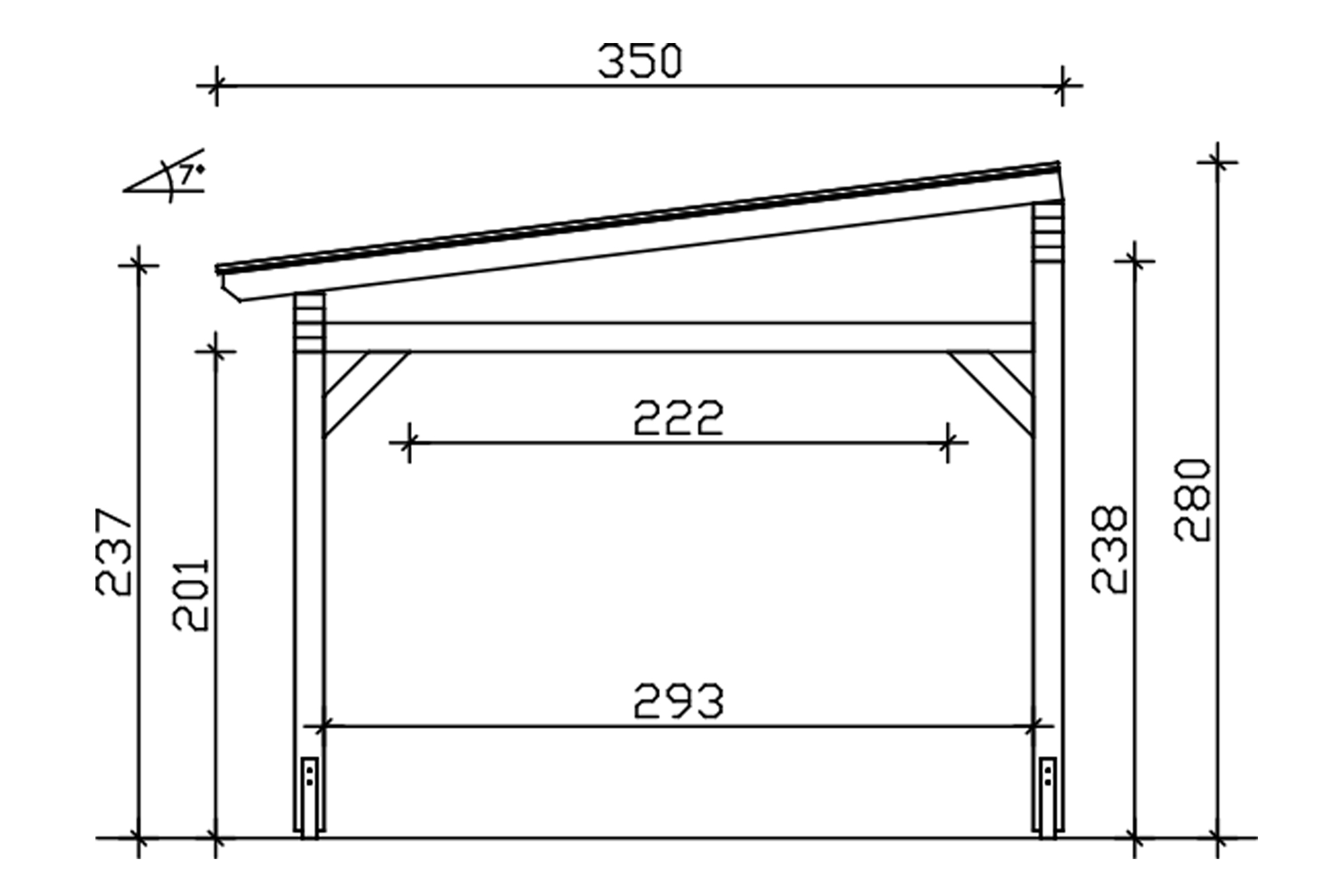 Grafik (Schnitt): Terrassenüberdachung Sanremo, Tiefe 350 cm