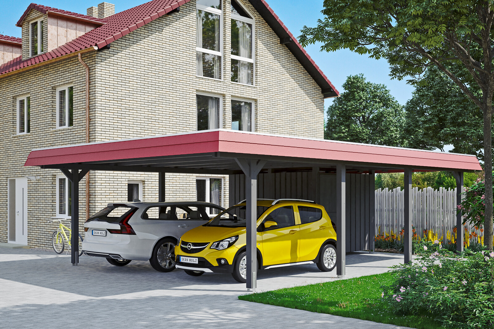 Ambientebild: Carport Wendland 630 x 879 cm, mit Abstellraum, mit roter Blende, farblich behandelt in schiefergrau