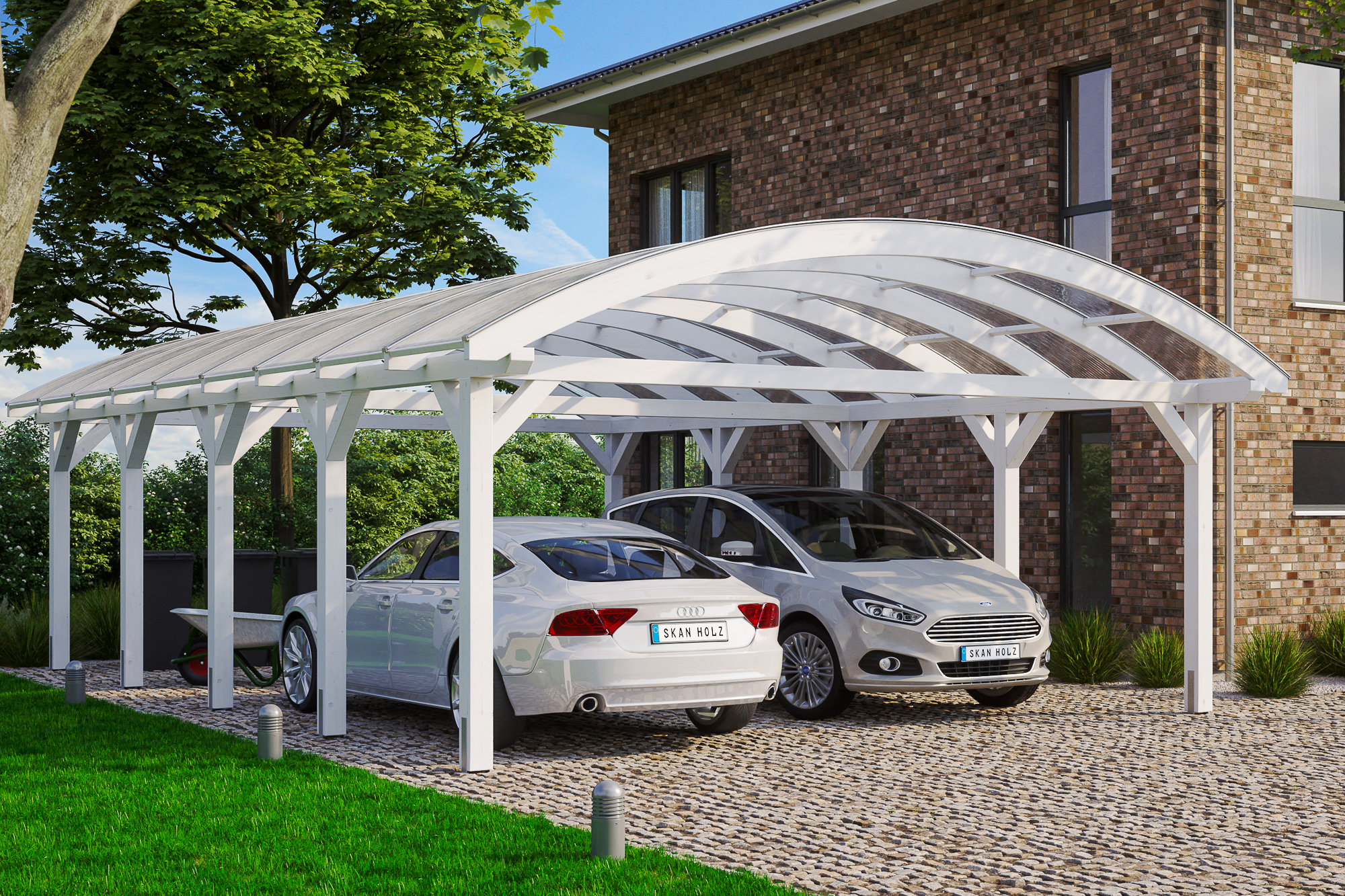Carport Franken 635 x 969 cm, gelakt in wit, met polycarbonaatplaten