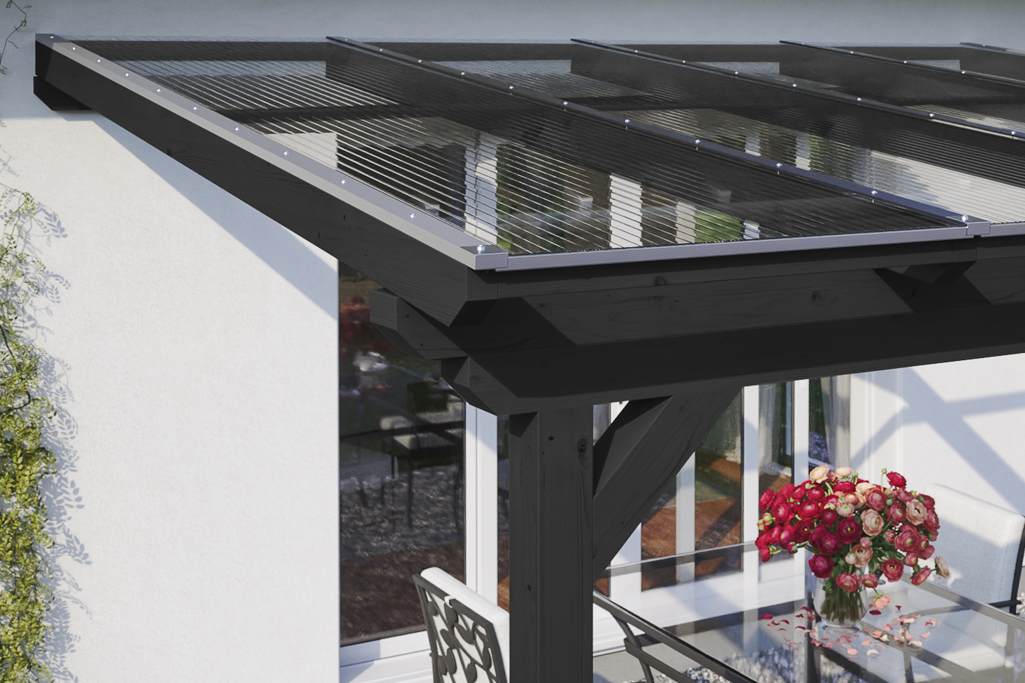 Detailbild einer Terrassenüberdachung Ancona farblich behandelt in anthrazit mit Blick seitlich auf das Dach