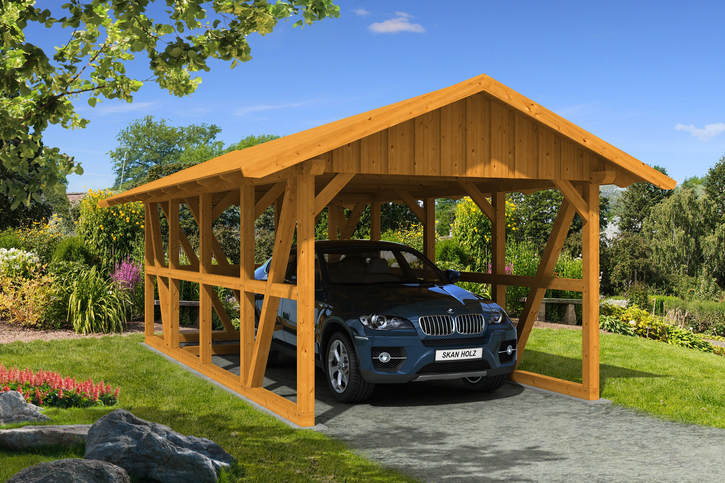 Carport SCHWARZWALD 434x772cm avec remise, planches de toit, KVH-bois d'épinette, traitement coloré chêne clair