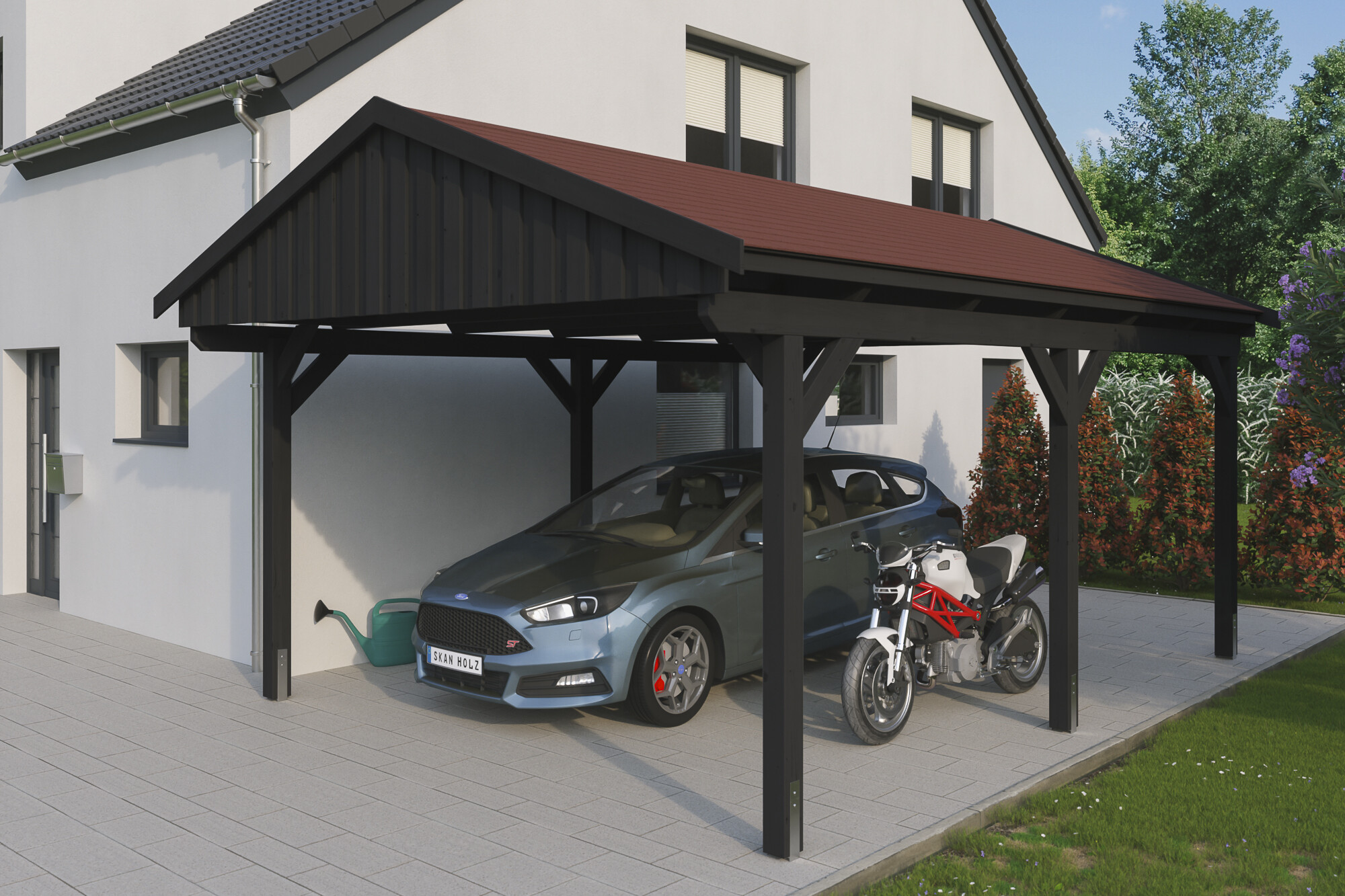 Carport Fichtelberg 423 x 566 cm, rote Schindeln, anthrazit