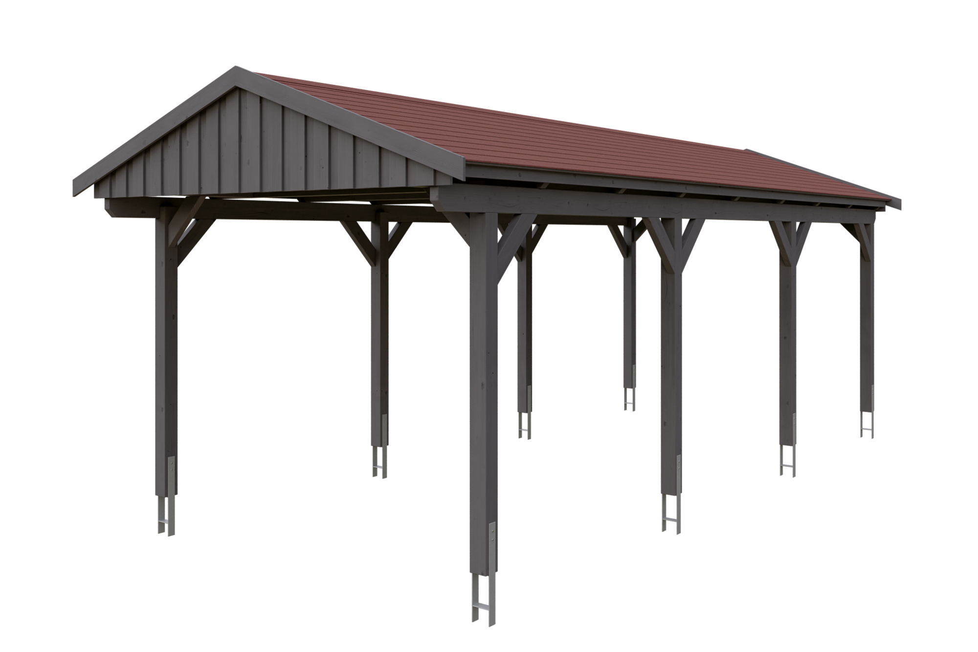 Produktbild: Carport Fichtelberg 317 x 808 cm, farblich behandelt in schiefergrau, mit roten Dachschindeln
