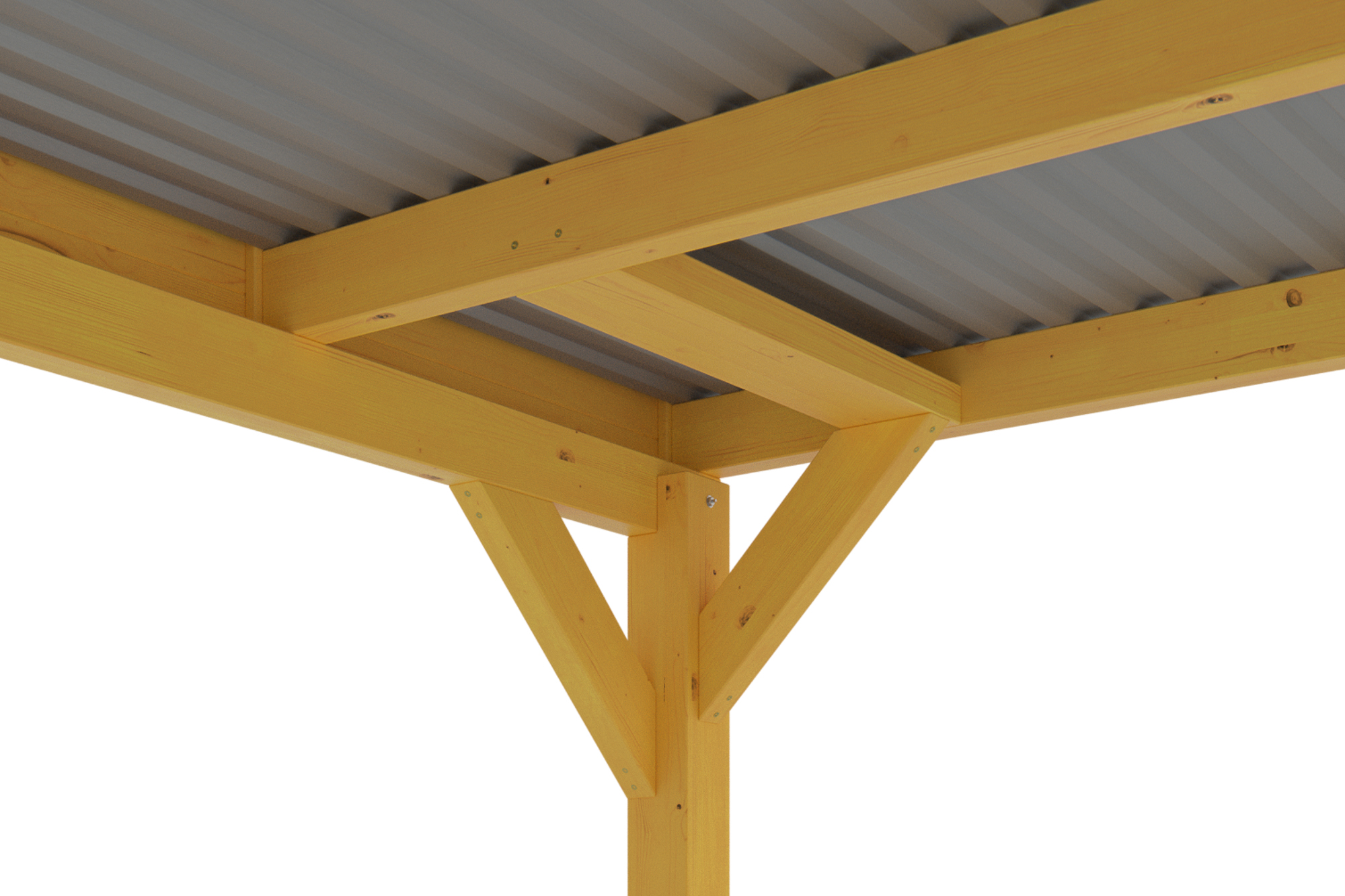 Detailbild: Dachkonstruktion beim Carport Grunewald, farblich behandelt in eiche hell, mit Aluminiumdachplatten (von unten)