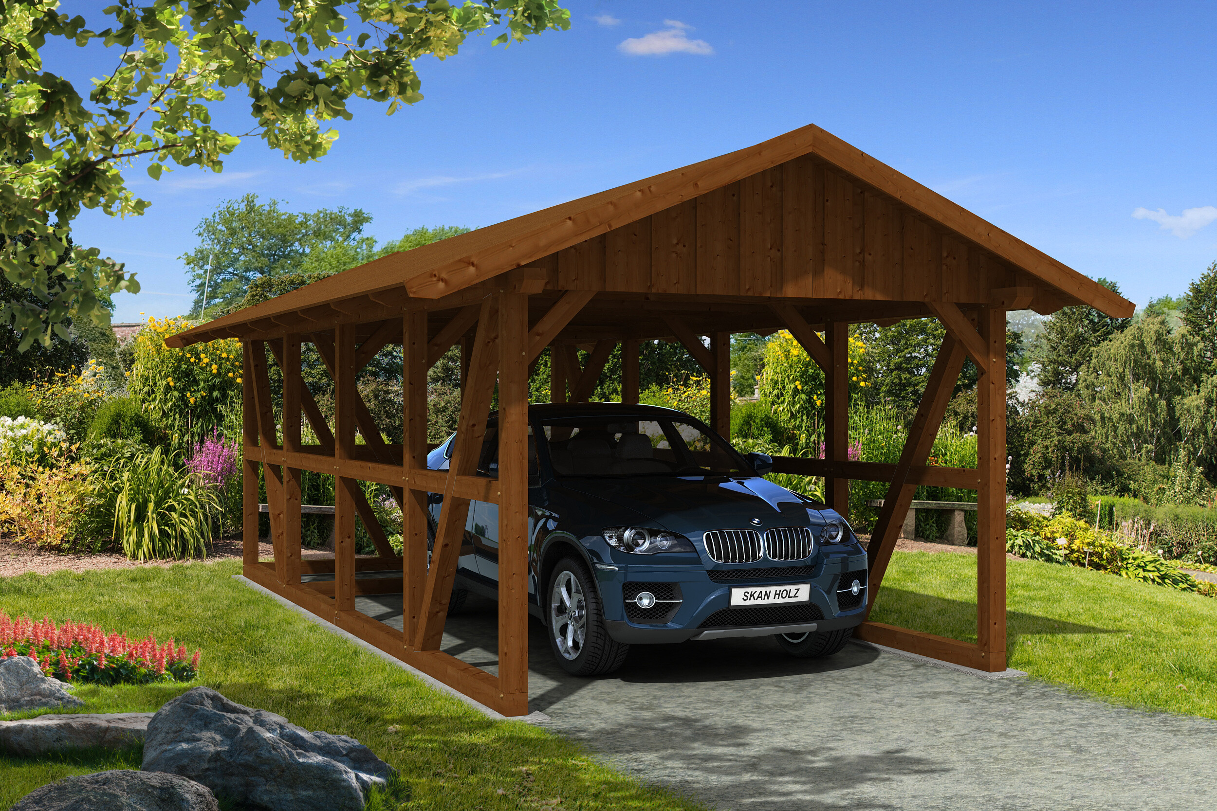 Carport Schwarzwald 424 x 772 cm, met bergruimte, met dakbetimmering, gelakt in noten