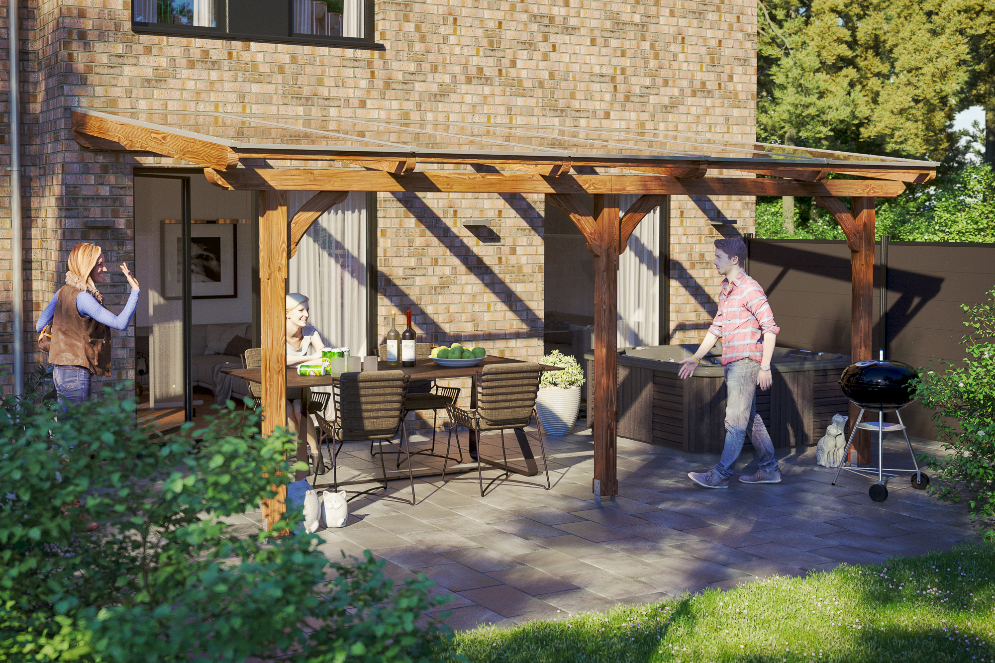 Ambientebild: Terrassenüberdachung Rimini, Breite 541 cm, farblich behandelt in nussbaum