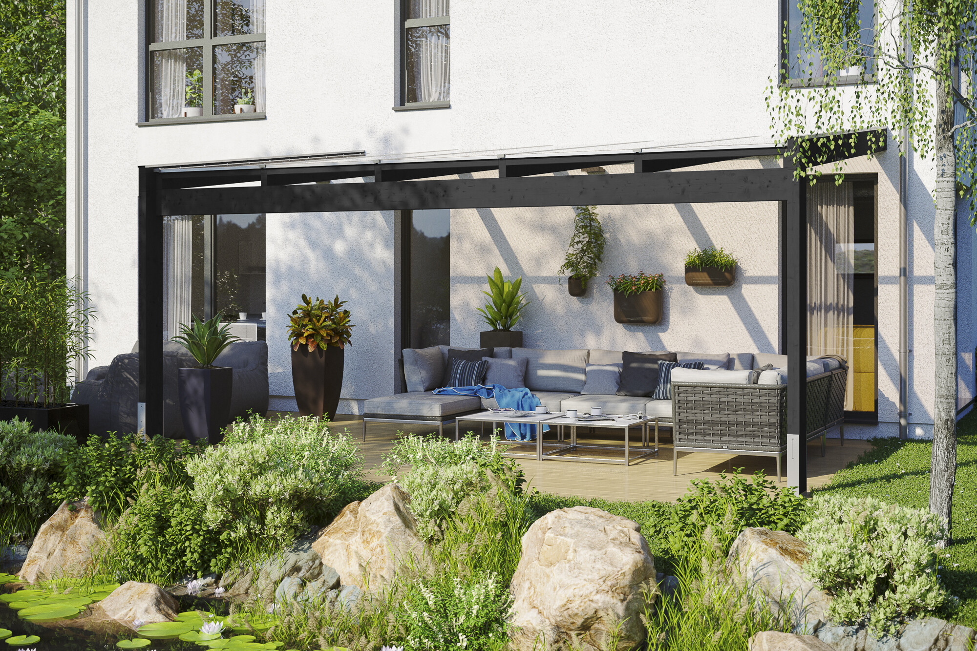 Pergola adossée NOVARA 557x259cm, bois lamellé-collé, traitement coloré anthracite