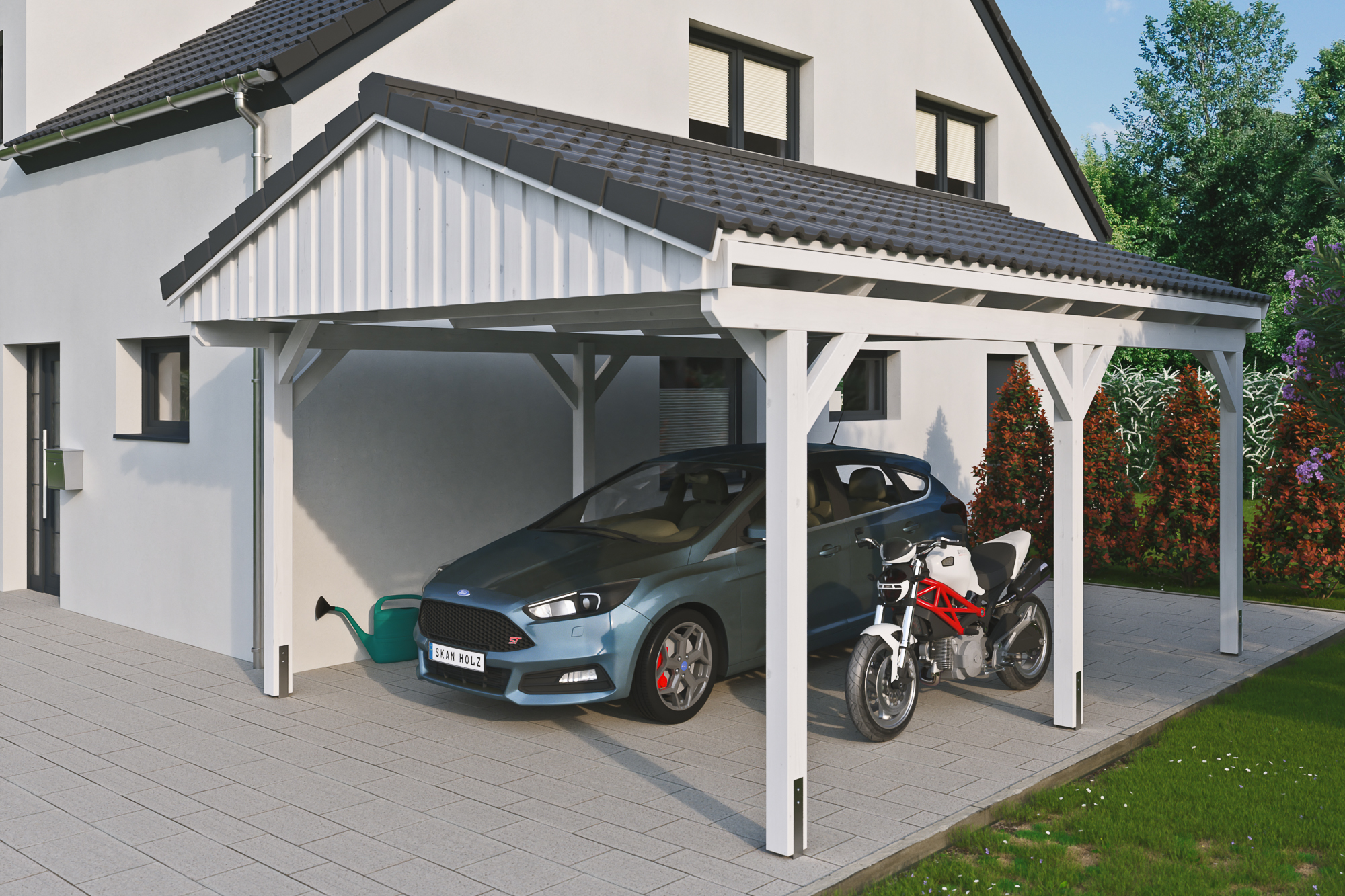 Ambientebild: Carport Fichtelberg 423 x 566 cm, farblich behandelt in weiß, mit Dachziegeln
