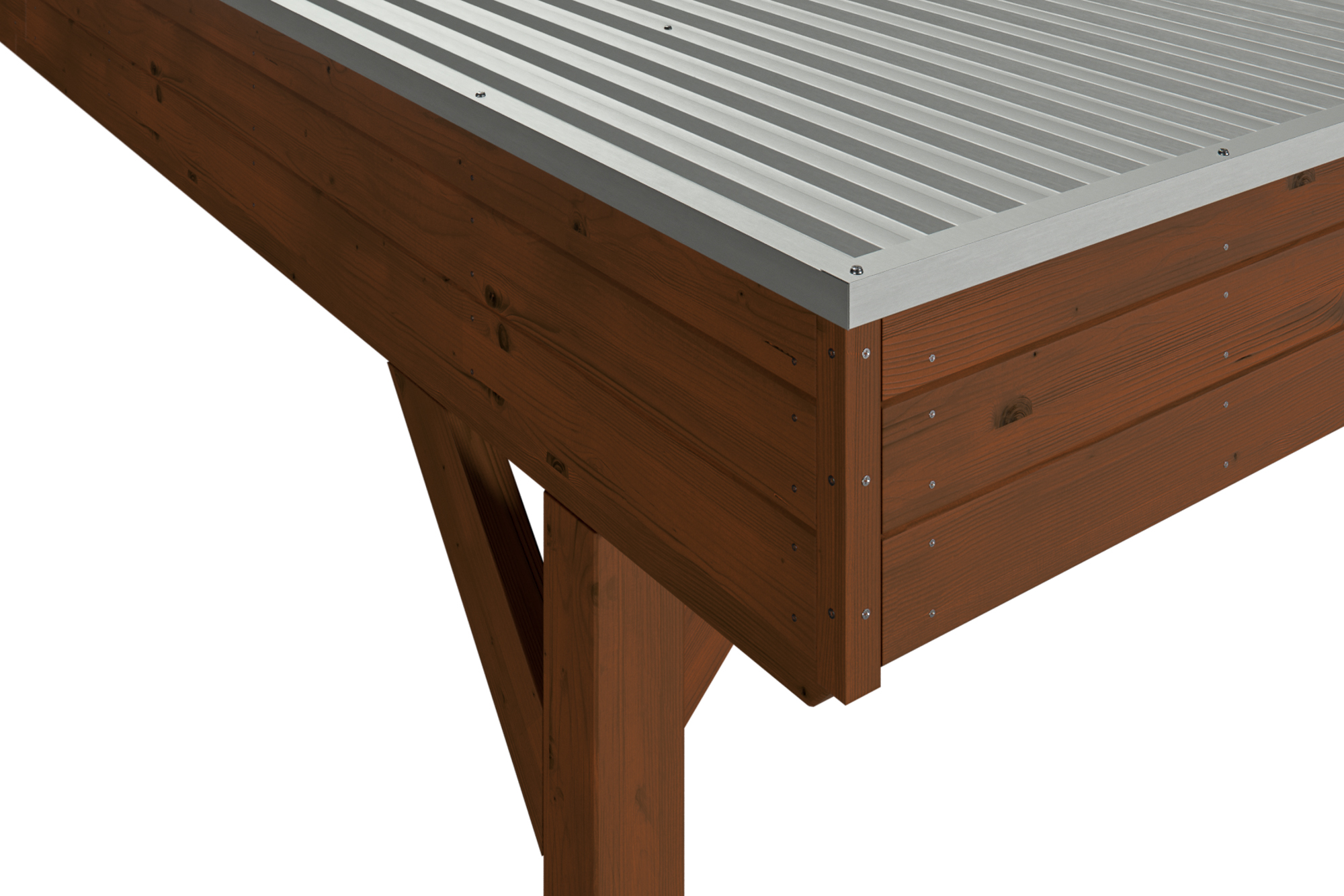 Detailbild: Aluminiumdachplatten und Dachblende beim Doppelcarport Grunewald, farblich behandelt in nussbaum