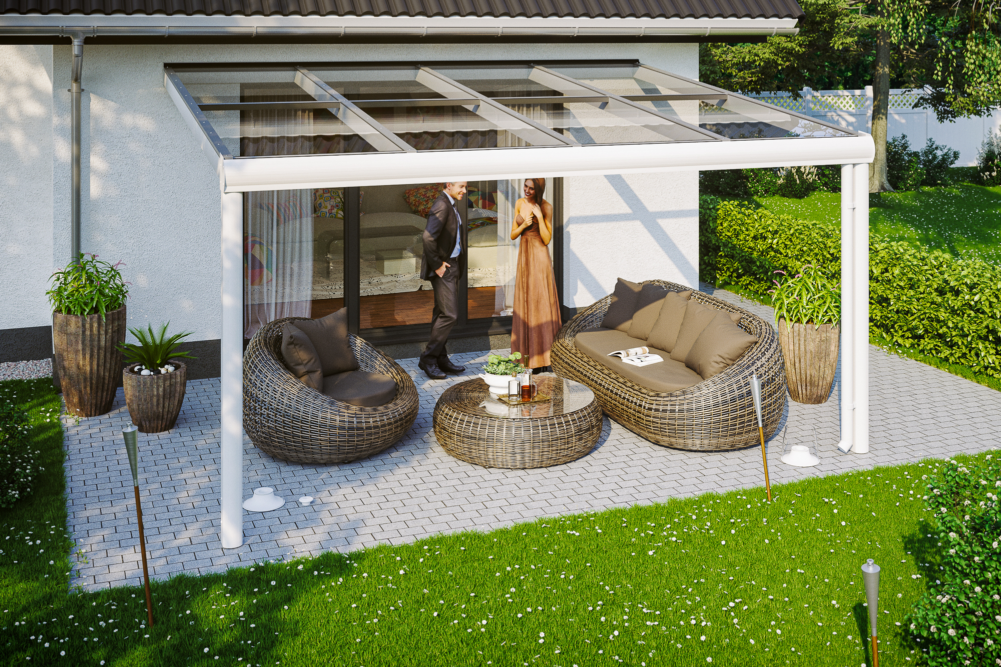 Ambientebild: Terrassenüberdachung Modena, Breite 434 cm, farblich behandelt in weiß