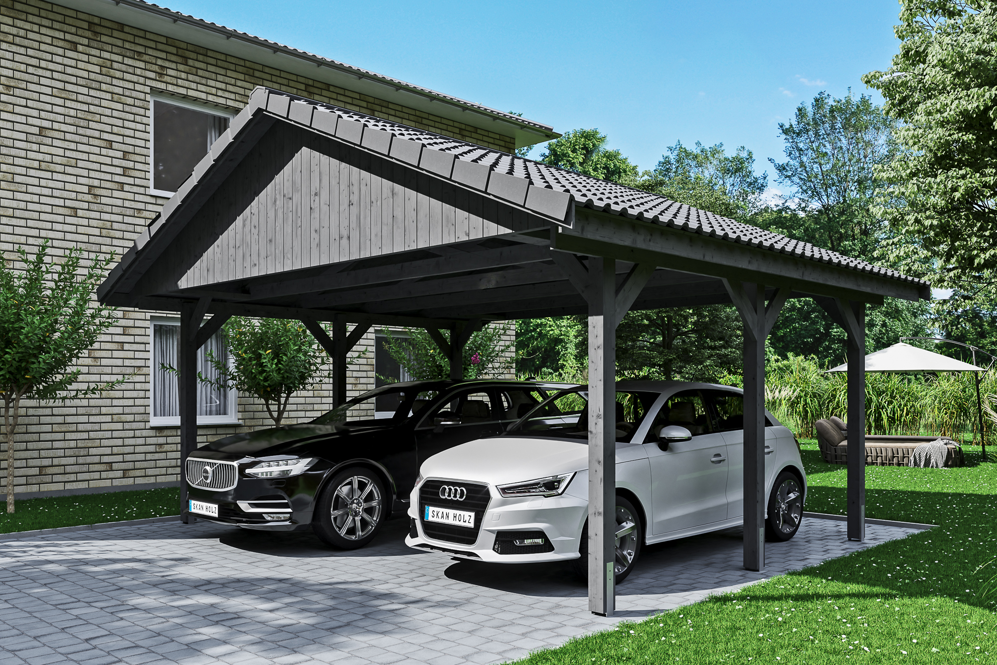 Ambientebild: Carport Wallgau 620 x 500 cm, mit Dachziegeln, farblich behandelt in schiefergrau