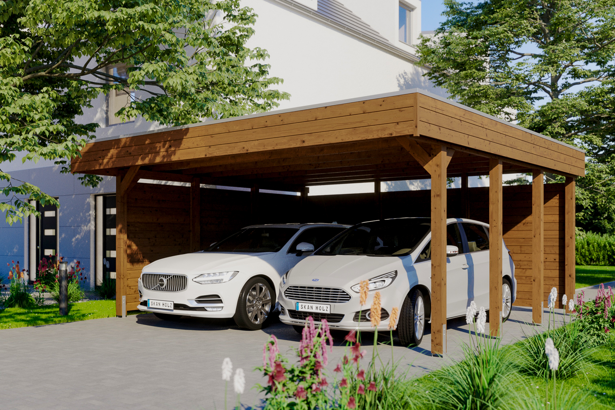 Ambientebild: Carport Friesland 557 x 555 cm, mit Seiten- und Rückwand, farblich behandelt in nussbaum