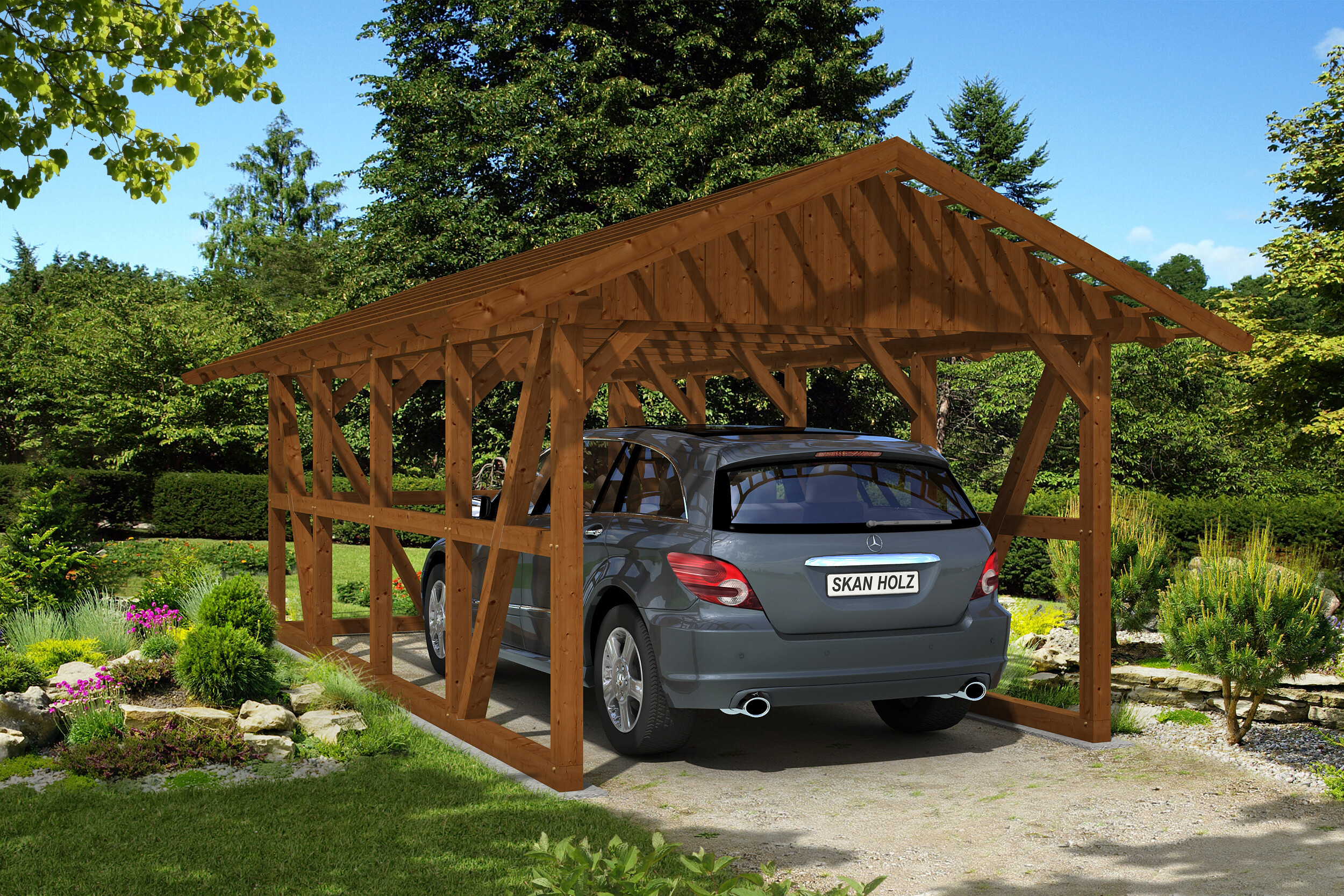 Carport Schwarzwald 424 x 772 cm mit Rückwand, nussbaum, mit Dachlattung
