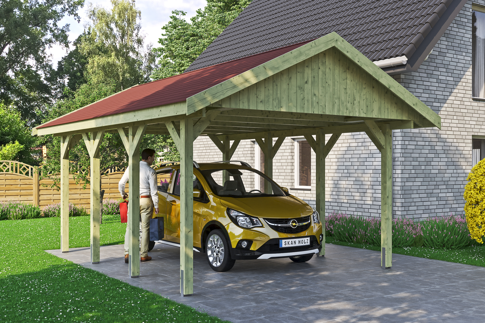 Ambientebild: Carport Wallgau 430 x 600 cm, mit roten Dachschindeln, grün imprägniert
