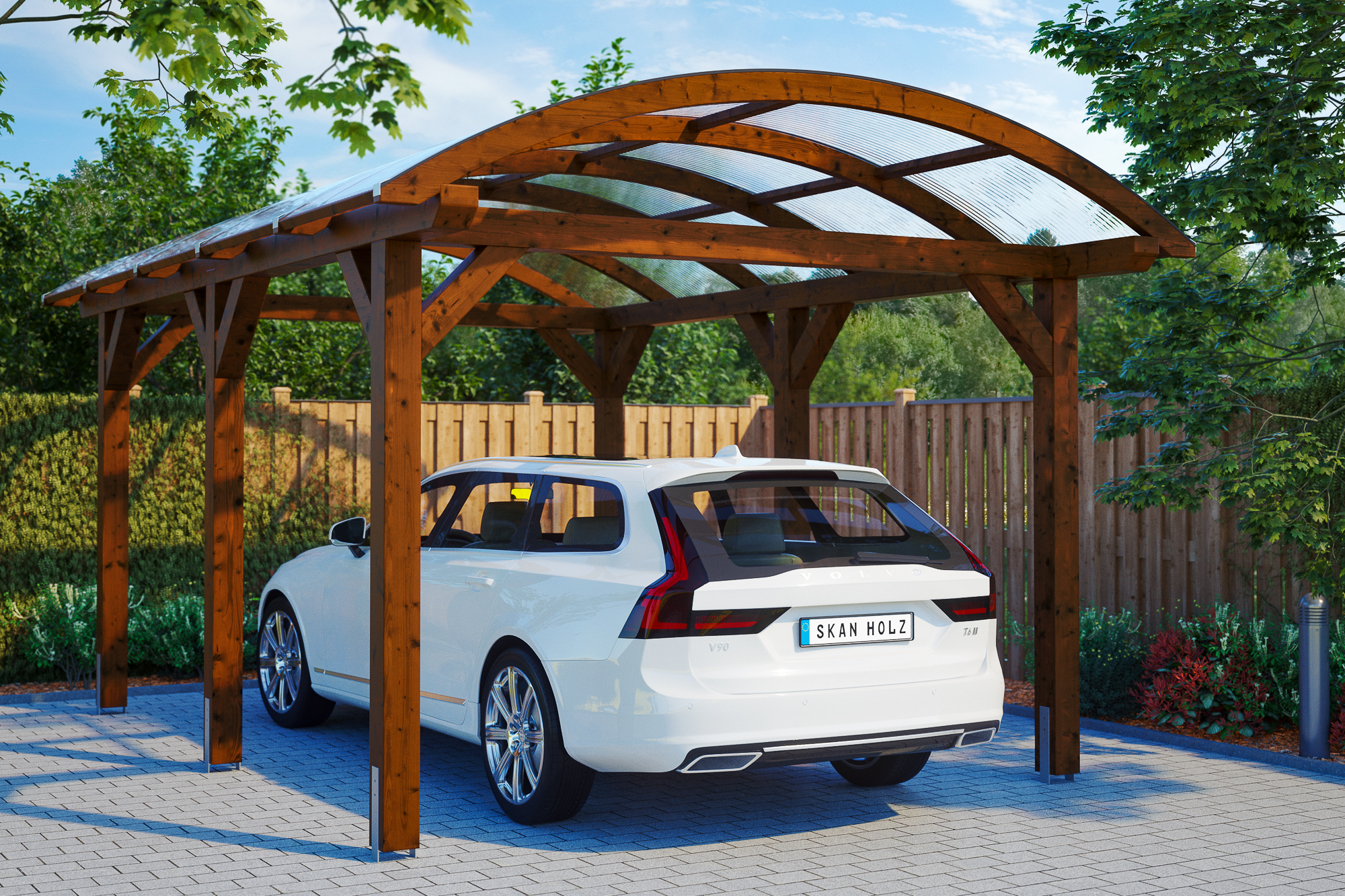 Ambientebild: Carport Franken 376 x 541 cm, farblich behandelt in nussbaum