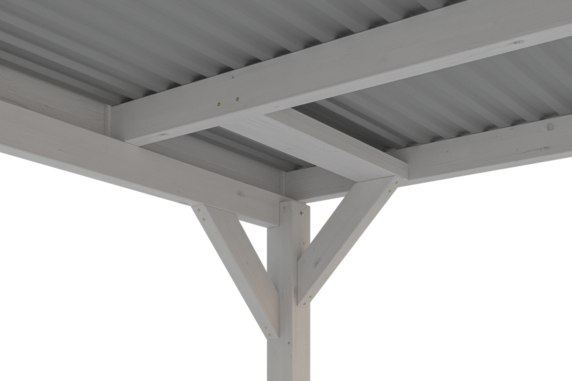 Detailbild: Dachkonstruktion beim Carport Grunewald, farblich behandelt in weiß, mit Aluminiumdachplatten (von unten)