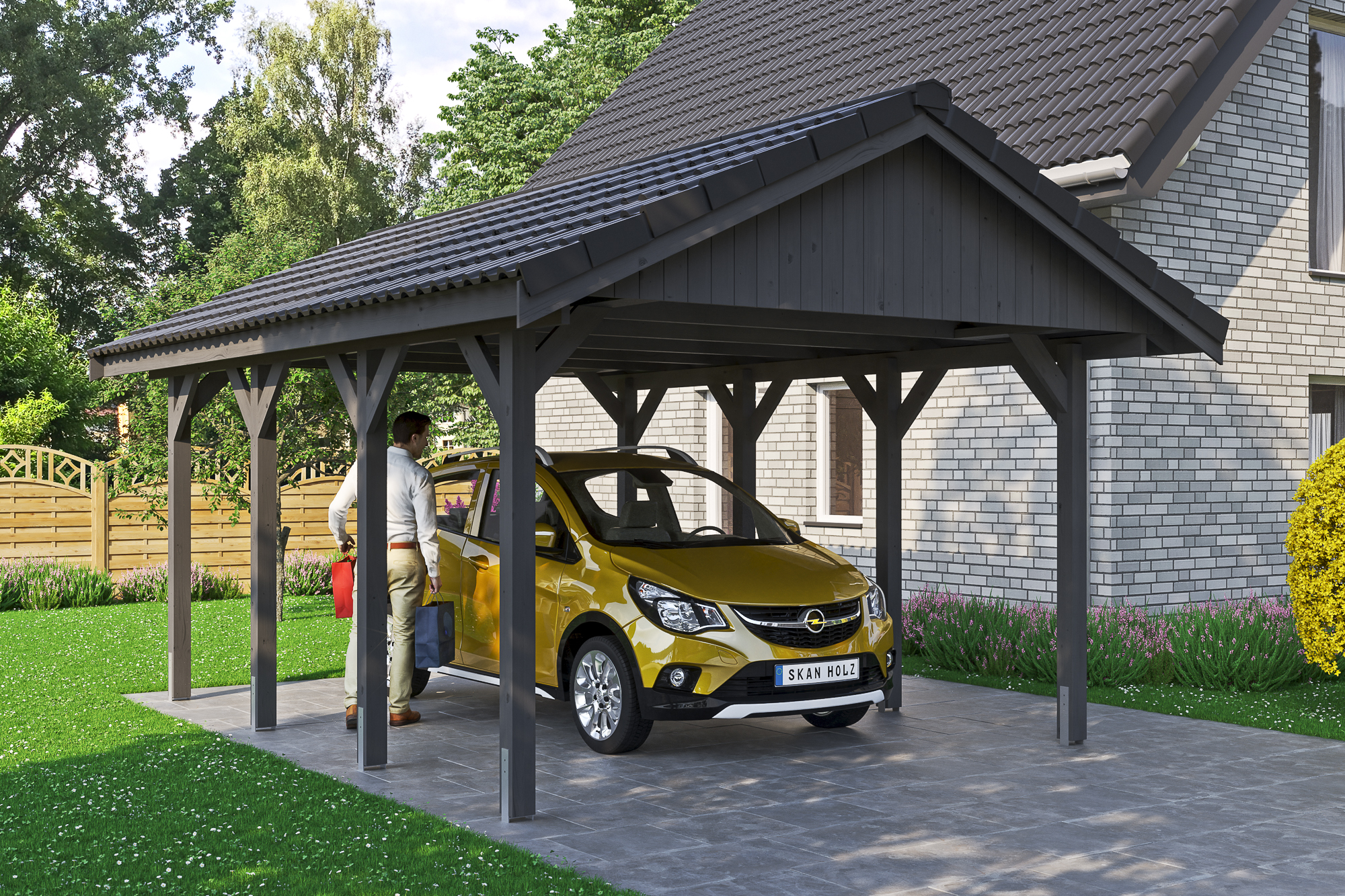 Ambientebild: Carport Wallgau 430 x 600 cm, mit Dachziegeln, farblich behandelt in schiefergrau