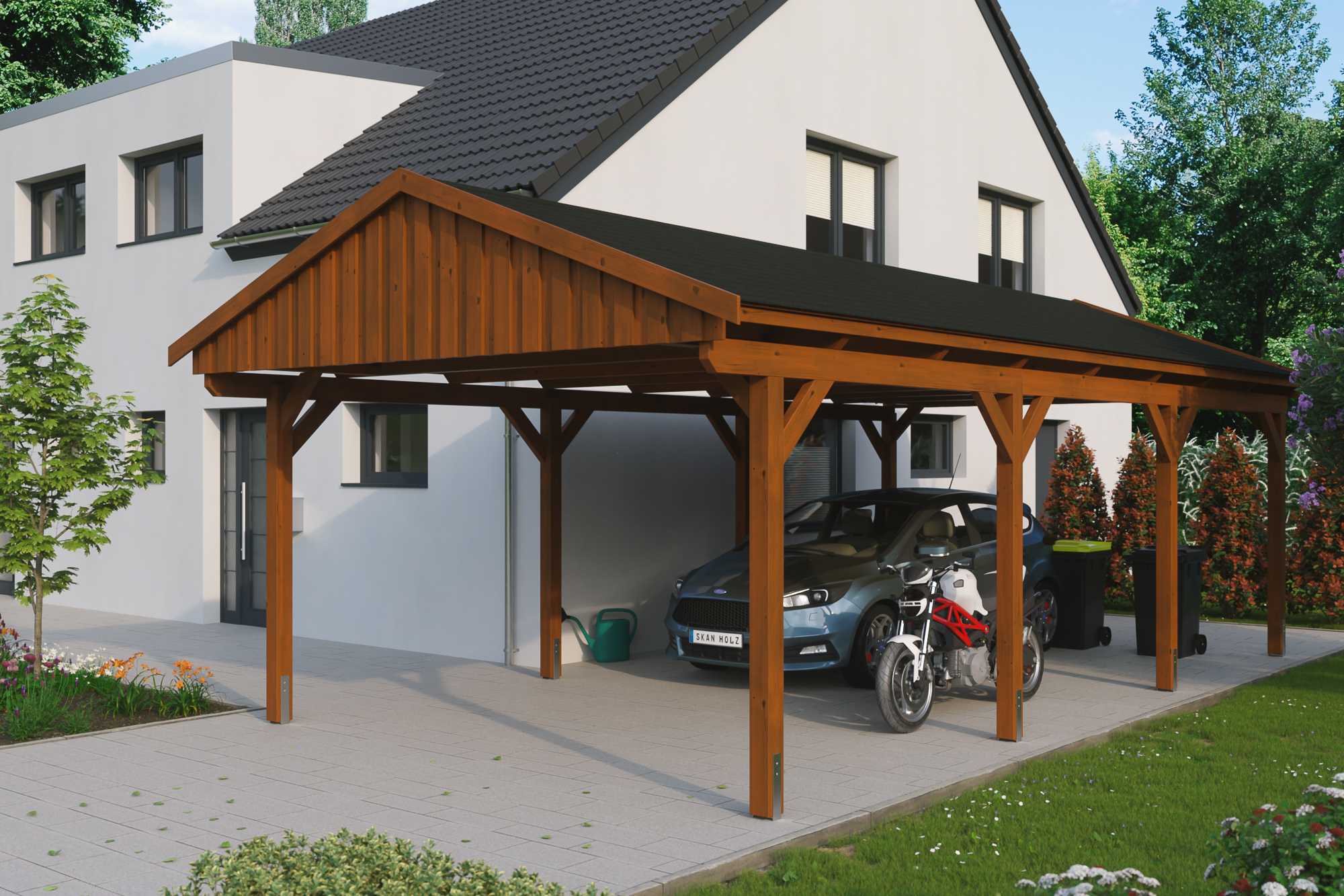 Ambientebild: Carport Fichtelberg 423 x 808 cm, farblich behandelt in nussbaum, mit schwarzen Dachschindeln