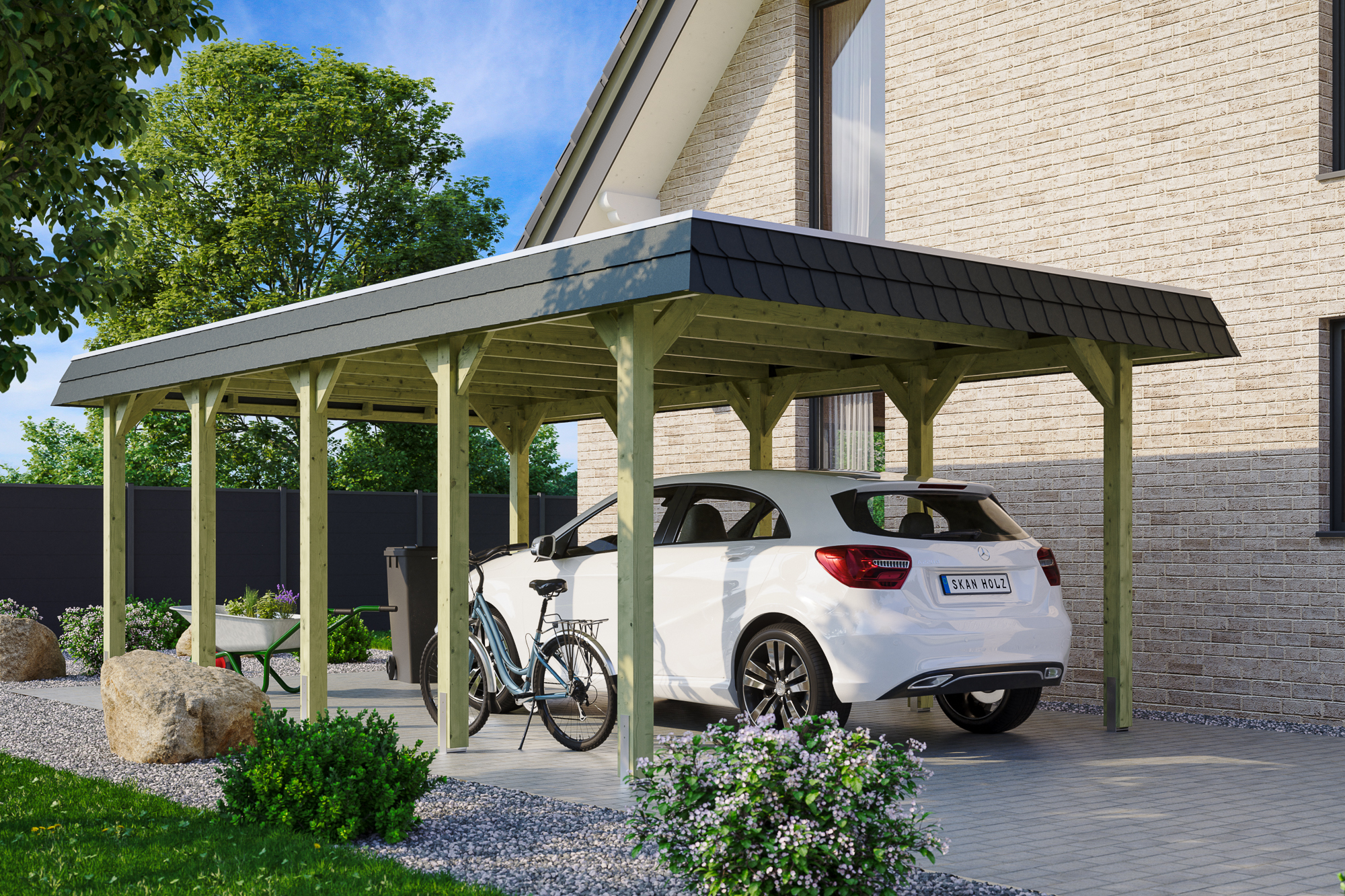 Ambientebild: Carport Spreewald 396 x 741 cm mit schwarzer Blende, grün imprgniert