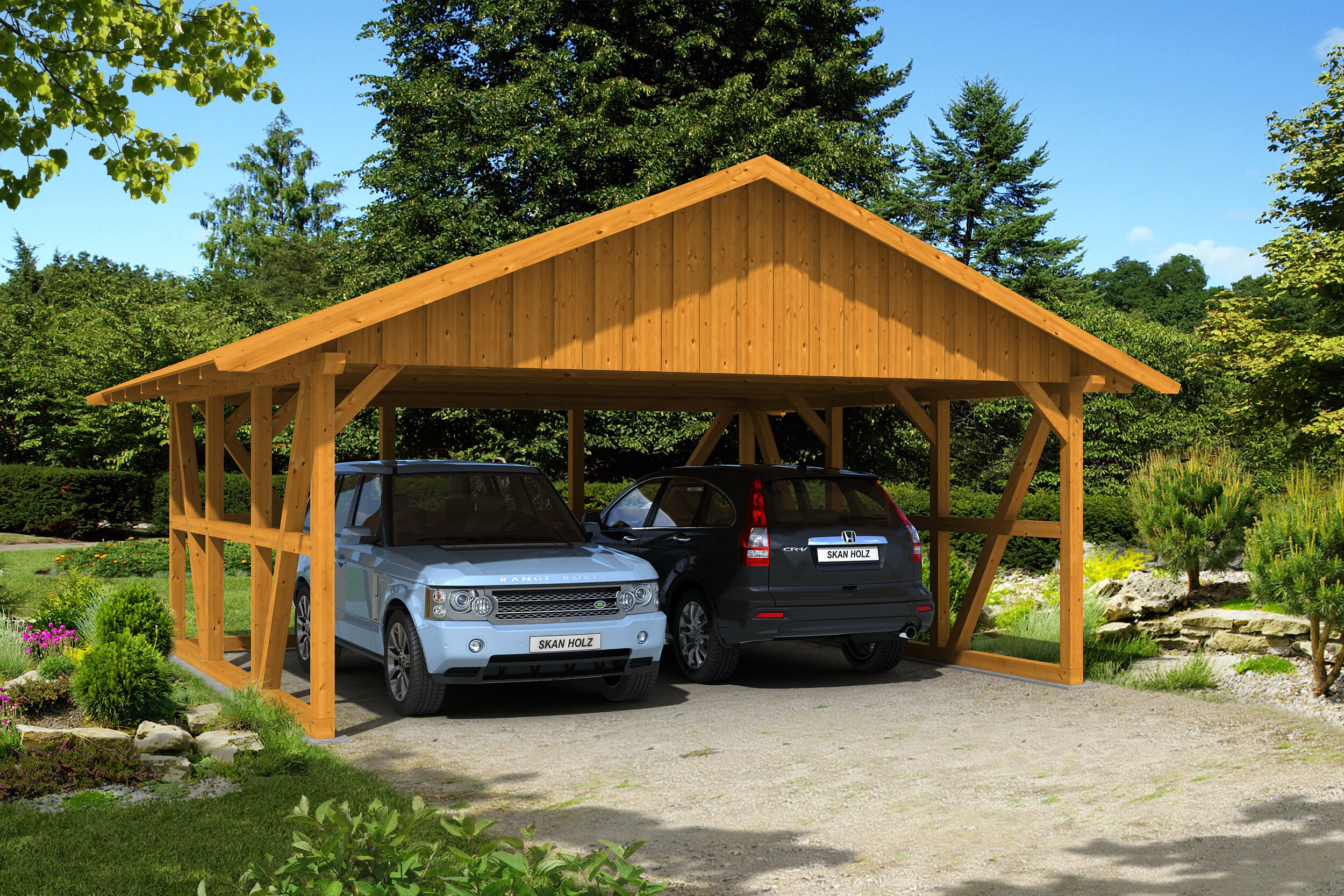 Carport Schwarzwald 684 x 600 cm mit Rückwand, eiche hell, mit Dachschalung