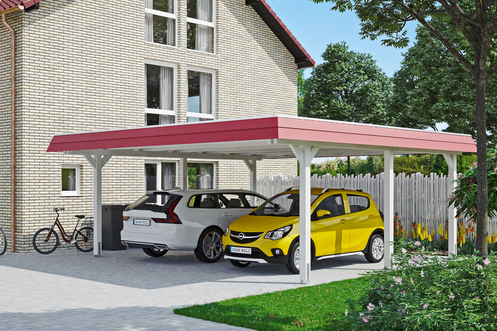 Ambientebild: Carport Wendland 630 x 637 cm, mit roter Blende, farblich behandelt in weiß