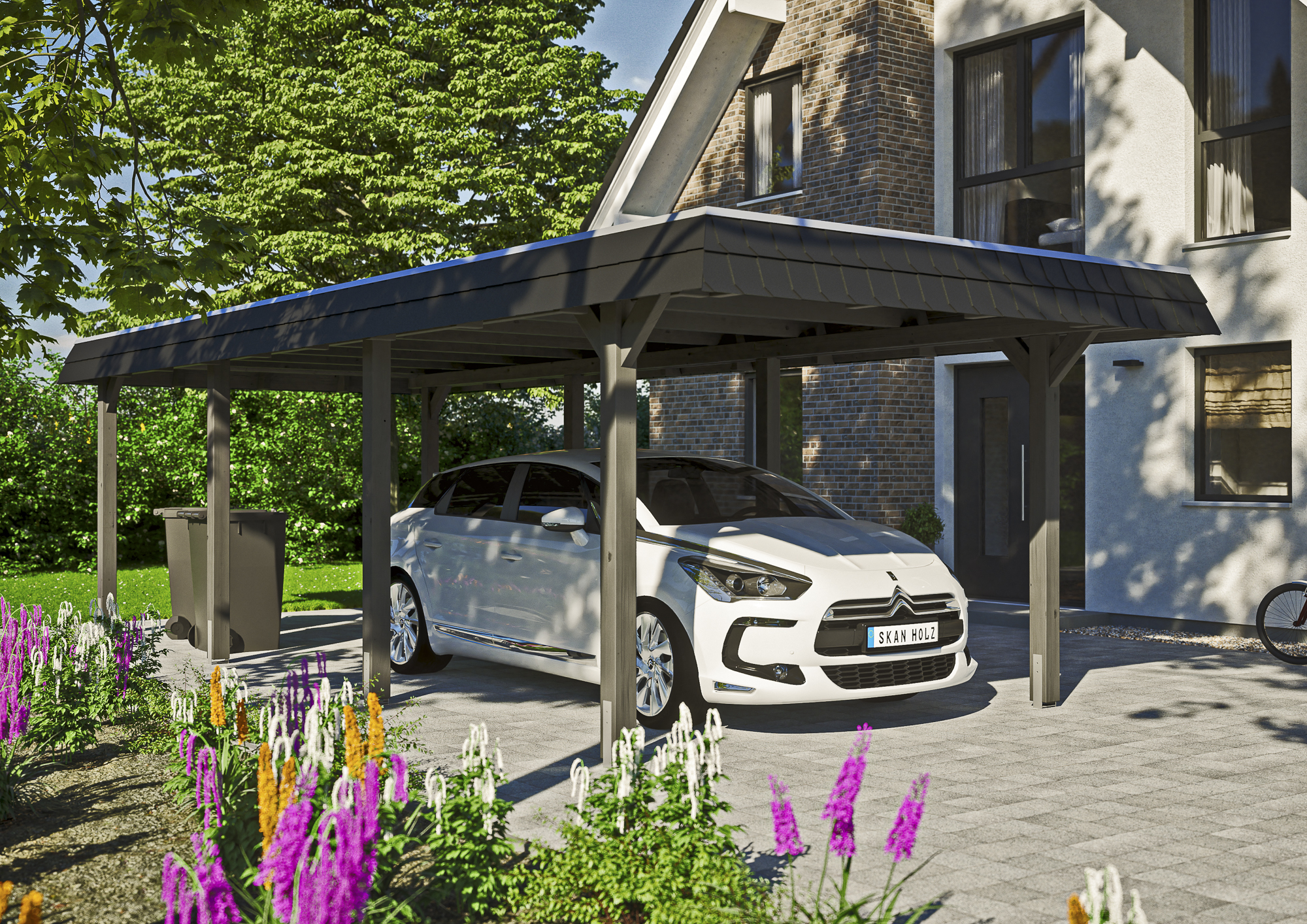 Ambientebild: Carport Wendland 362 x 870 cm, mit schwarzer Blende, farblich behandelt in anthrazit