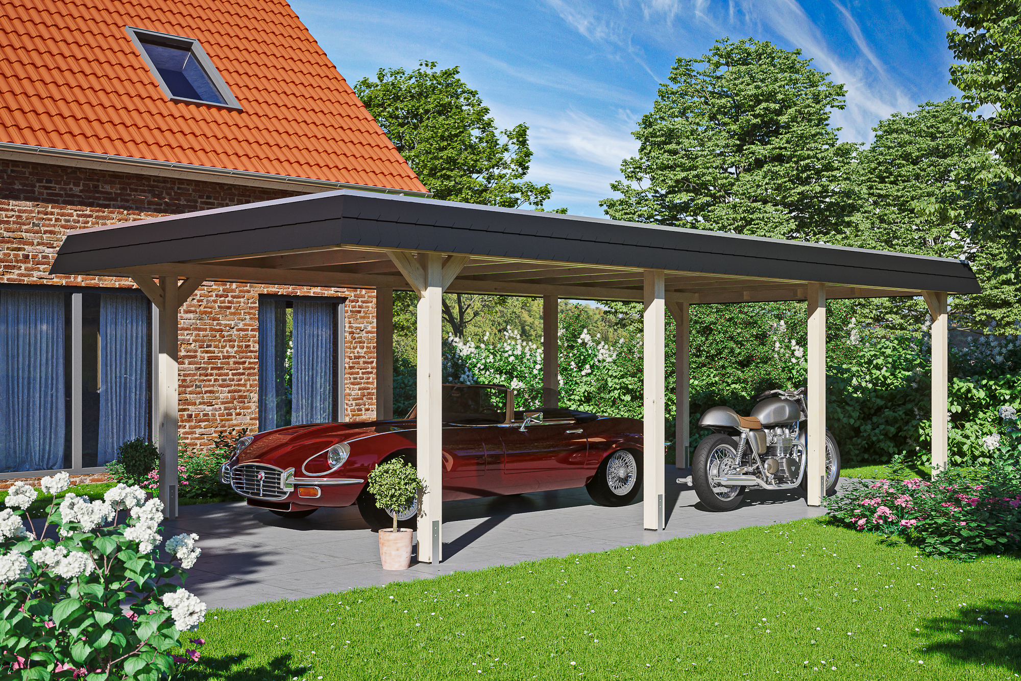 Ambientebild: Carport Wendland 409 x 870 cm, mit schwarzer Blende