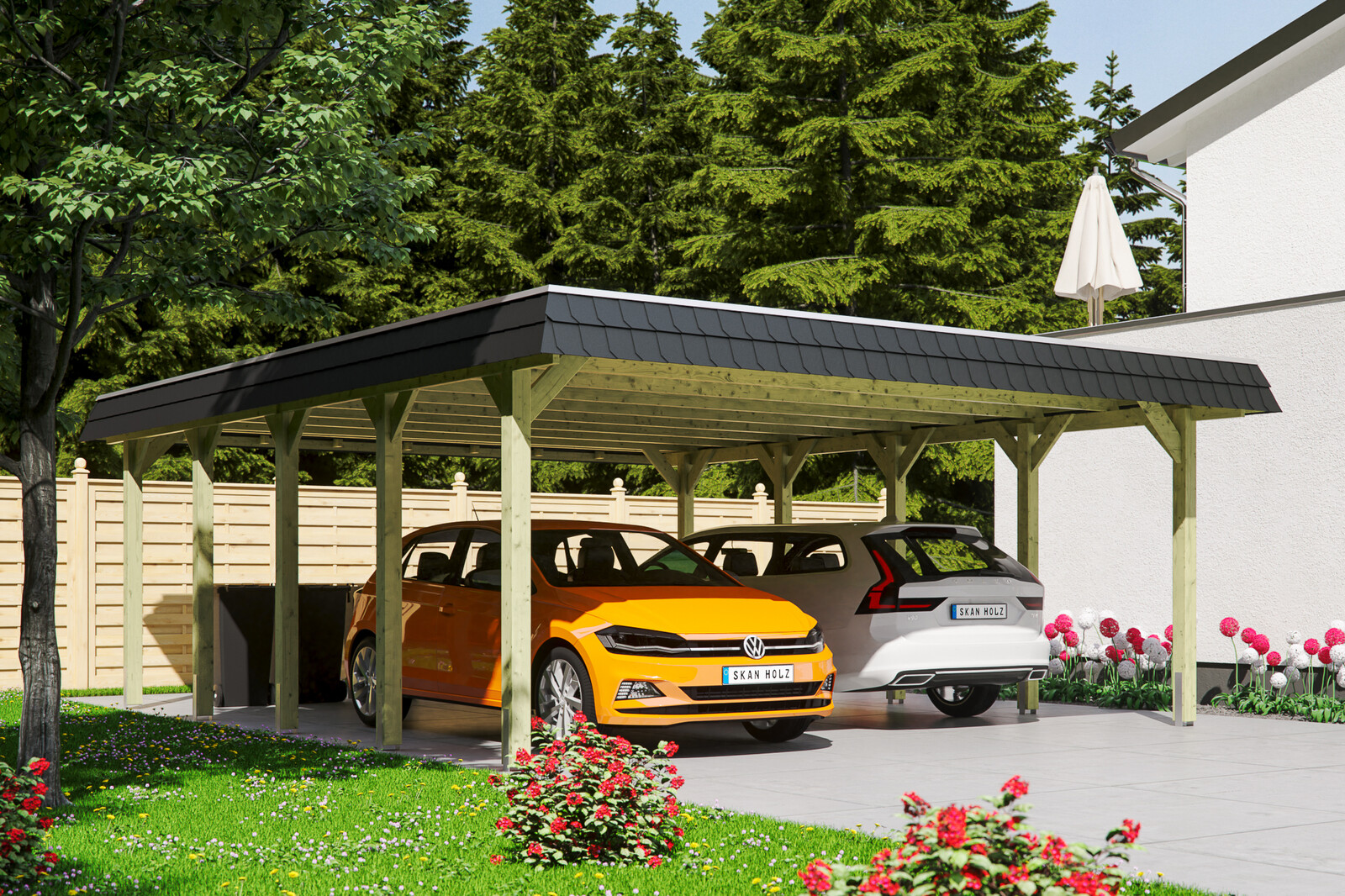 Carport Spreewald 585 x 741 cm mit Aluminiumdach, schwarze Blende