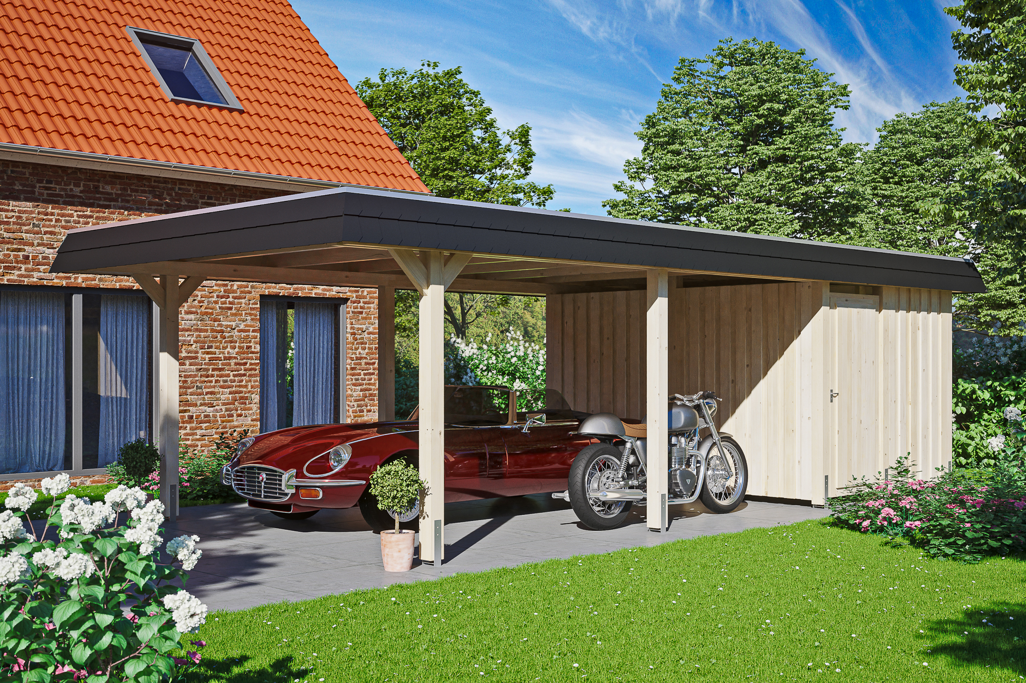 Ambientebild: Carport Wendland 409 x 870 cm, mit Abstellraum, mit schwarzer Blende