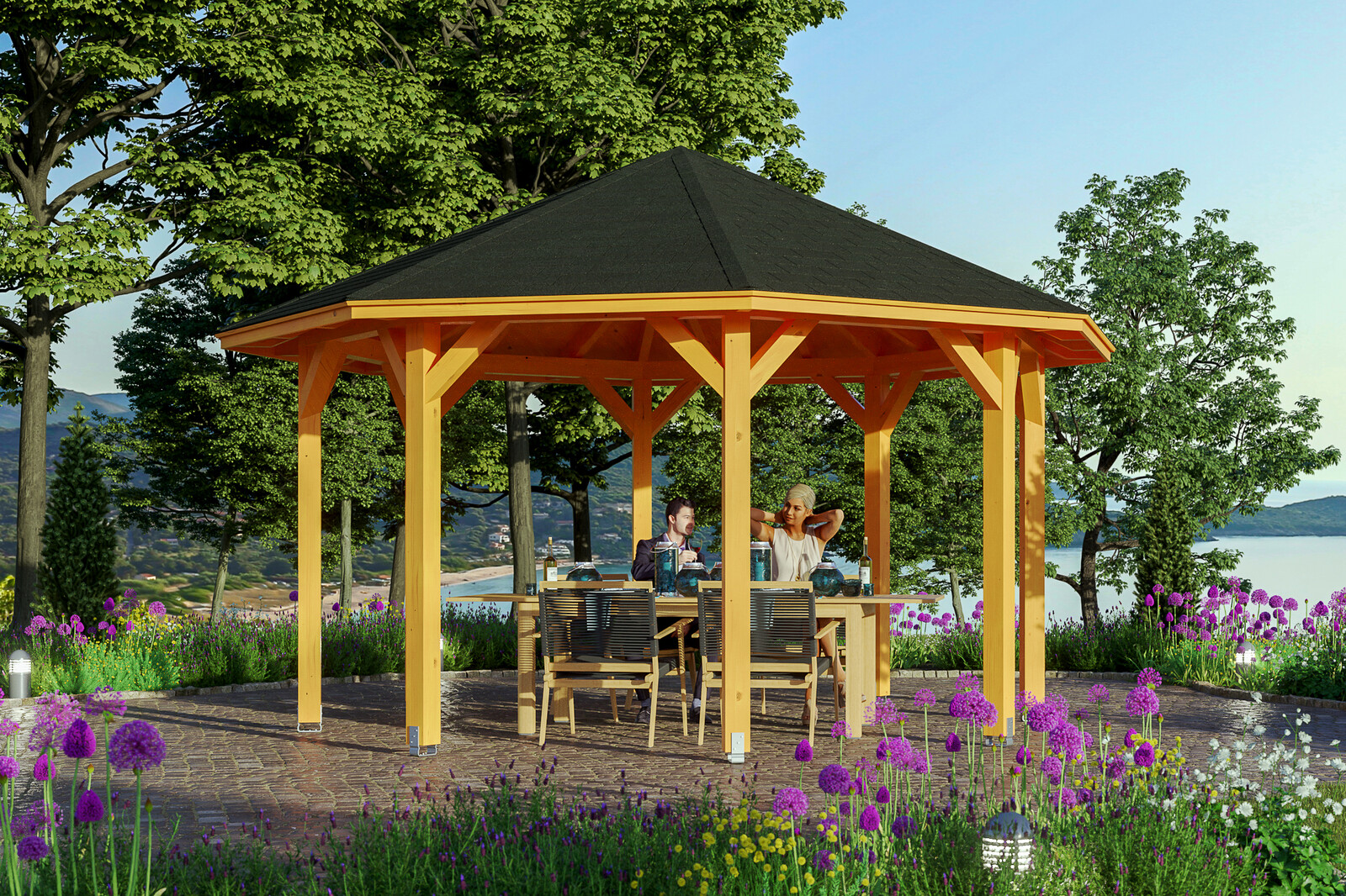 Gloriette NICE 2 (ø 484cm) octagonales, bois lamellé-collé, traitement coloré chêne clair
