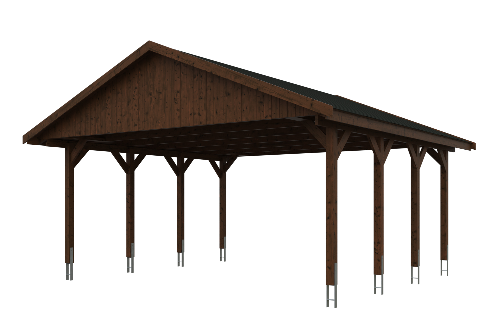 Produktbild: Carport Wallgau 620 x 600 cm, mit schwarzen Dachschindeln, farblich behandelt in nussbaum