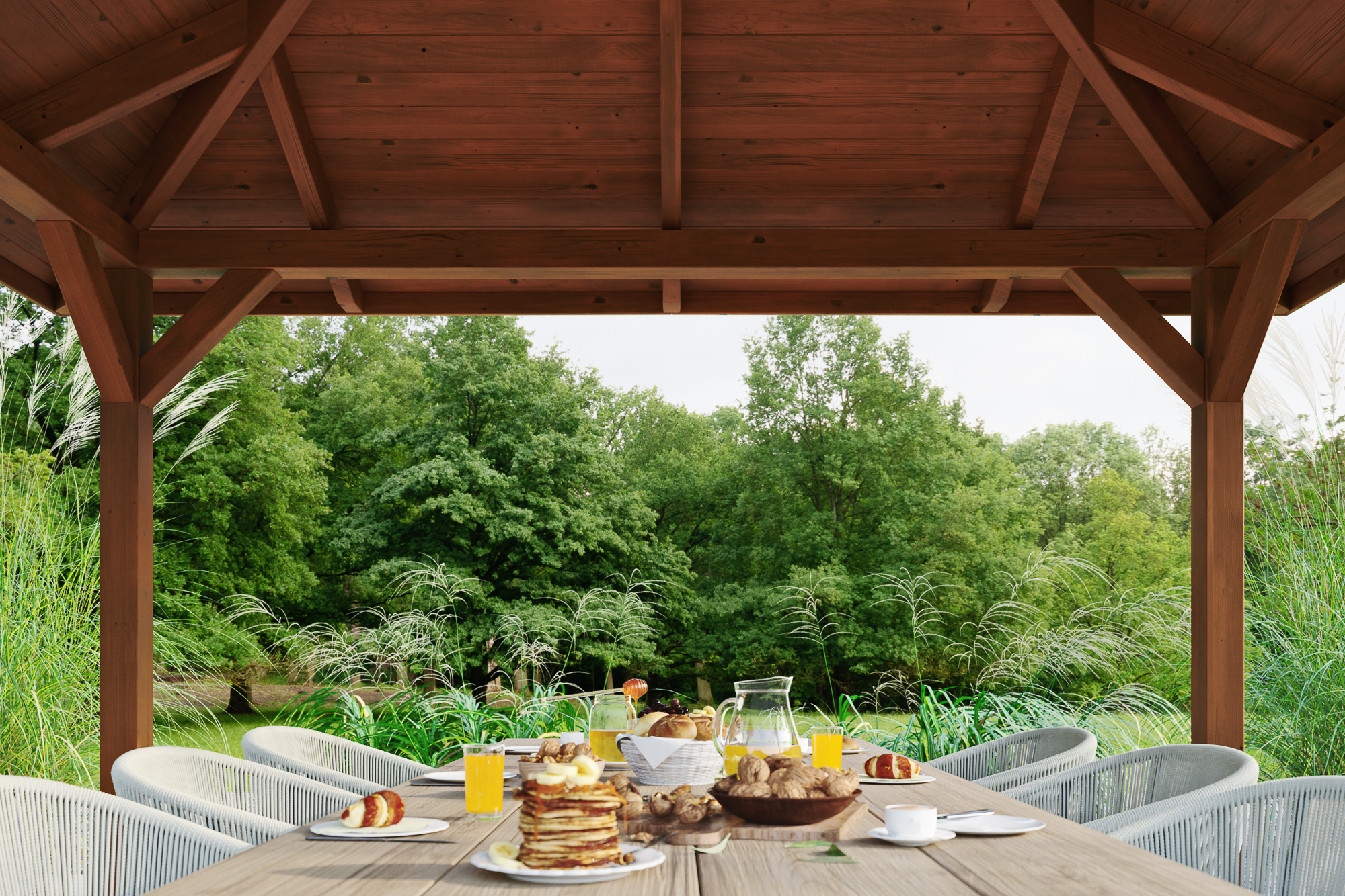 Detailbild: Innenansicht Pavillon Cannes 1, farblich behandelt in nussbaum