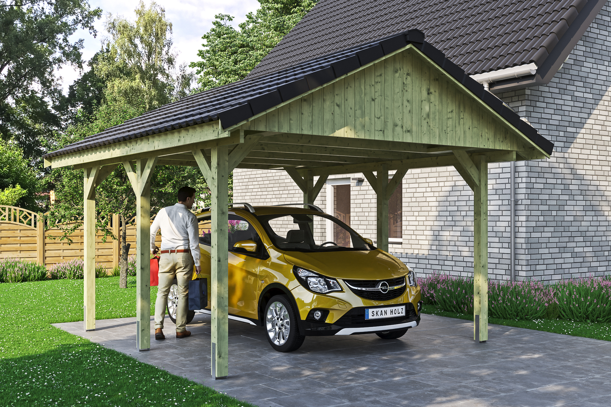Ambientebild: Carport Wallgau 430 x 500 cm, mit Dachziegeln, grün imprägniert 