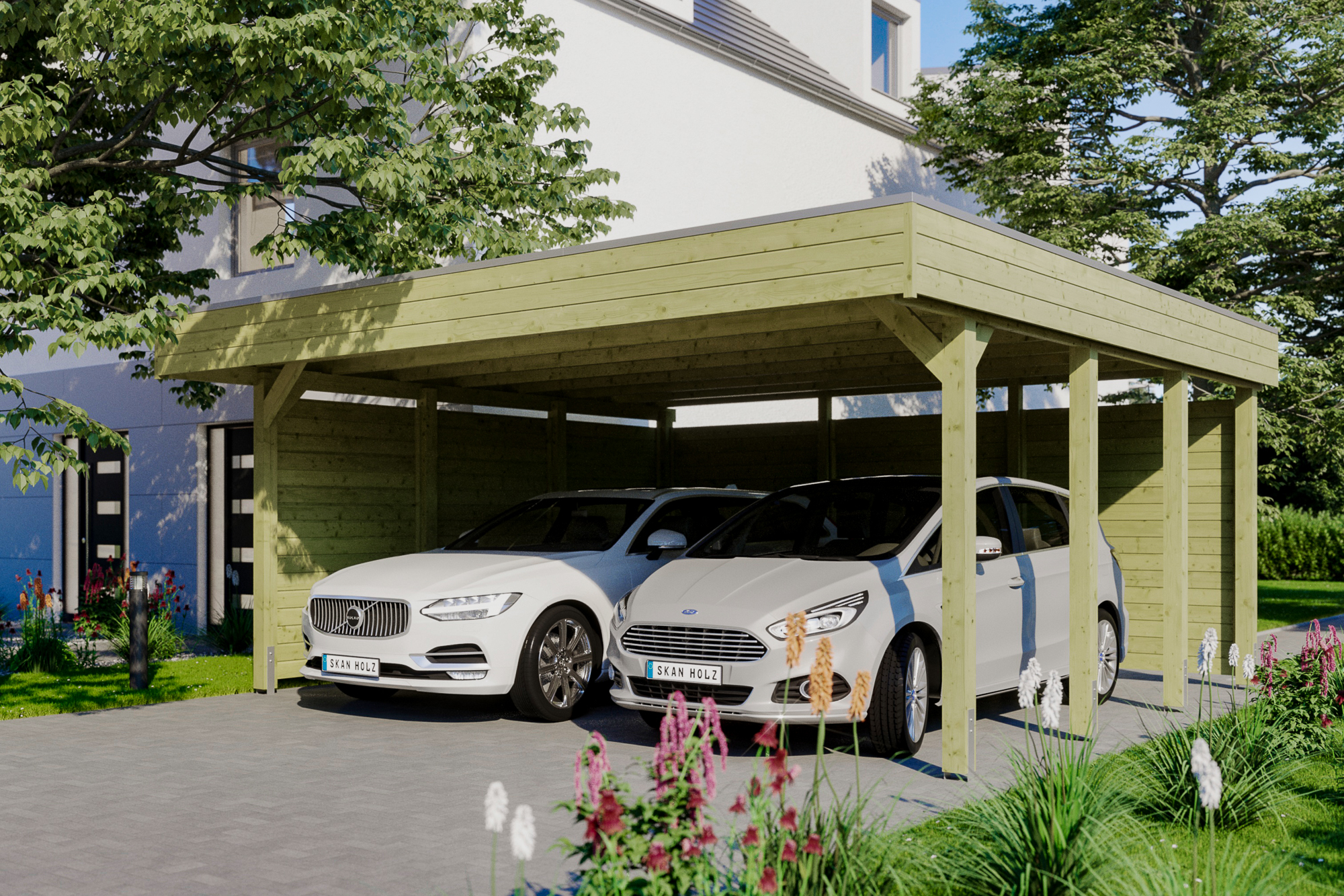 Ambientebild: Carport Friesland 557 x 555 cm, mit Seiten- und Rückwand