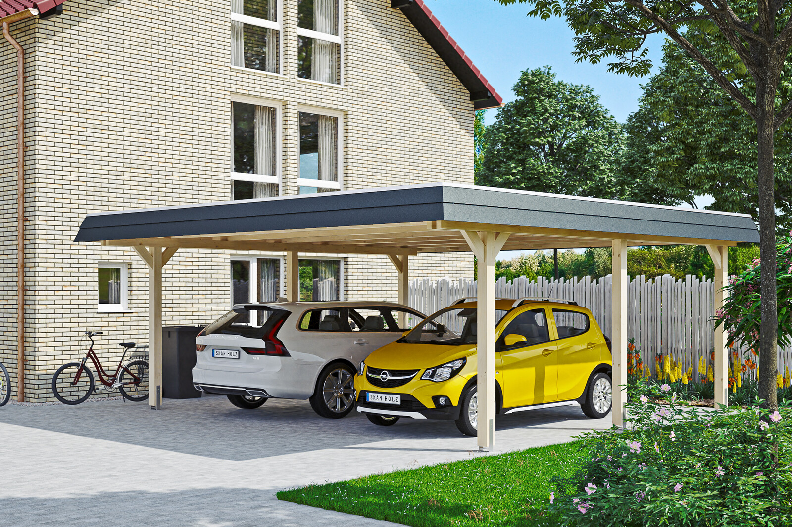 Carport WENDLAND 630x637cm, toit en aluminium, bandeau noir, bois lamellé-collé, non traité