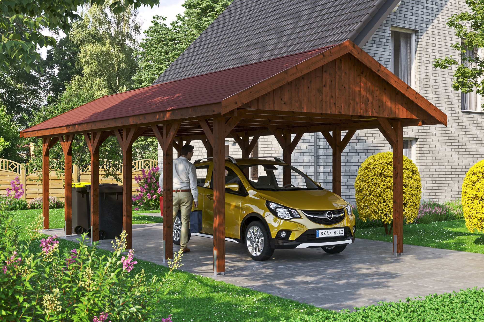 Ambientebild: Carport Wallgau 430 x 900 cm, mit roten Dachschindeln, farblich behandelt in nussbaum