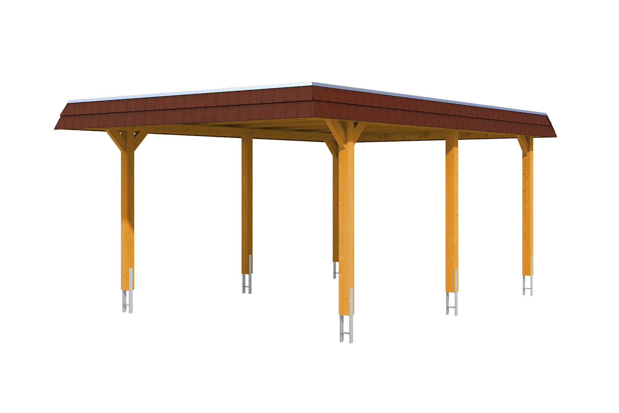 Carport Wendland 409 x 628 cm with EPDM roof, red fascia, colour pre-treated light oak