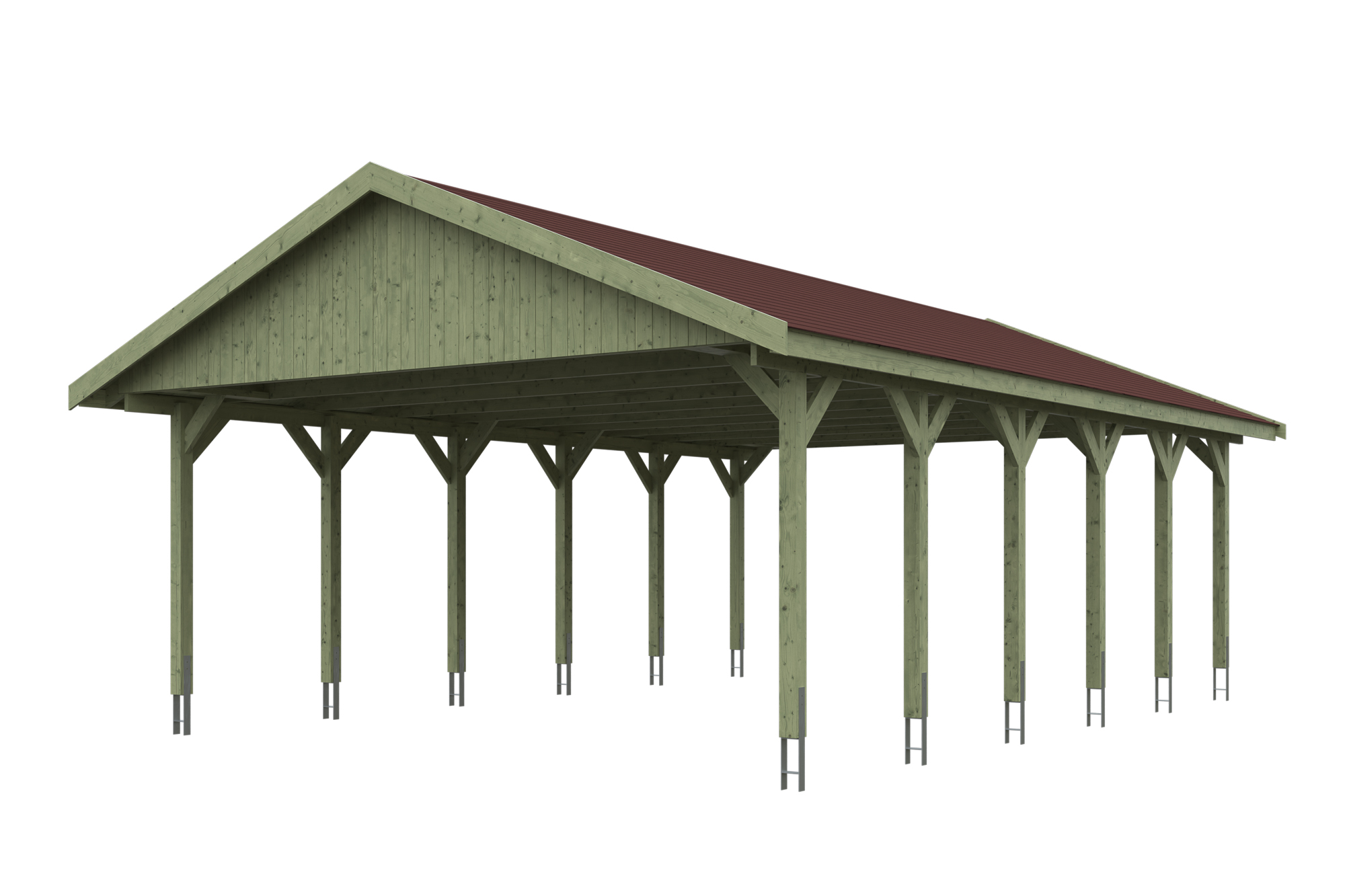 Produktbild: Carport Wallgau 620 x 900 cm, mit roten Dachschindeln, grün imprägniert