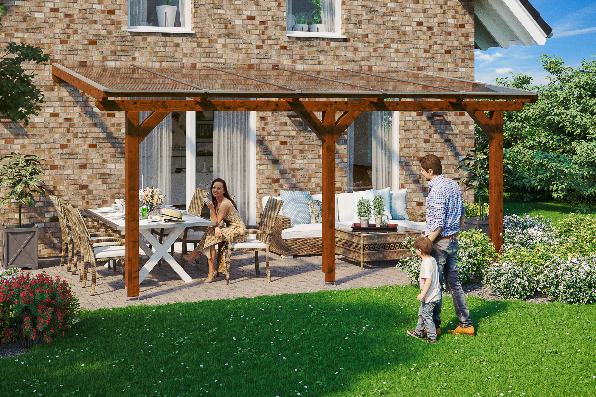 Pergola adossée ANDRIA 541x400cm, bois lamellé-collé, traitement coloré noyer