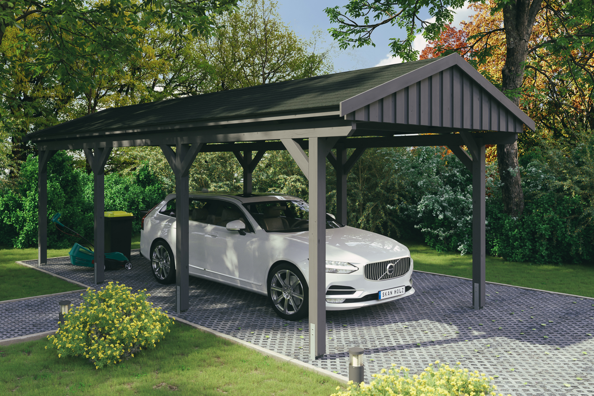 Carport FICHTELBERG 317 x 808 cm, avec bardeaux noirs, traitement coloré gris ardoise